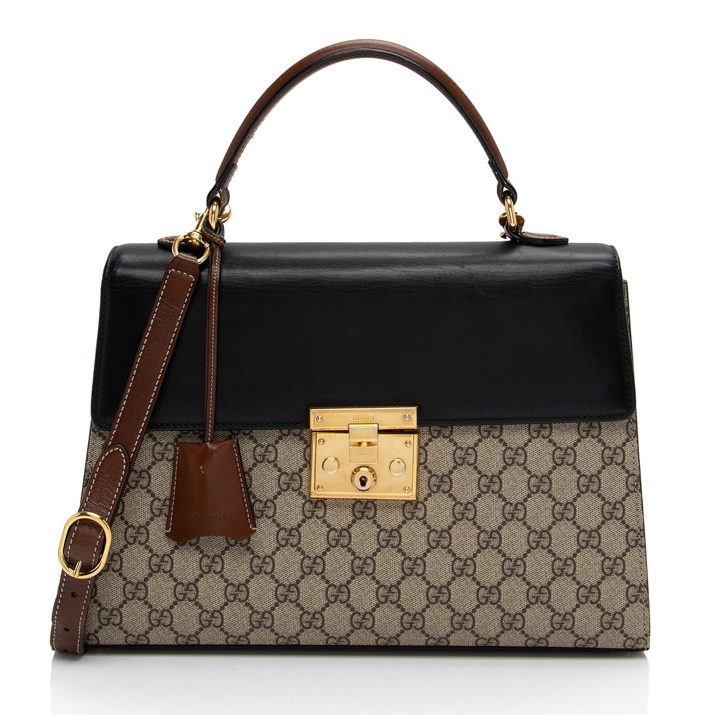 Gucci GG Supreme Padlock Top Handle Leather Canvas Black Brown Satchel Bag