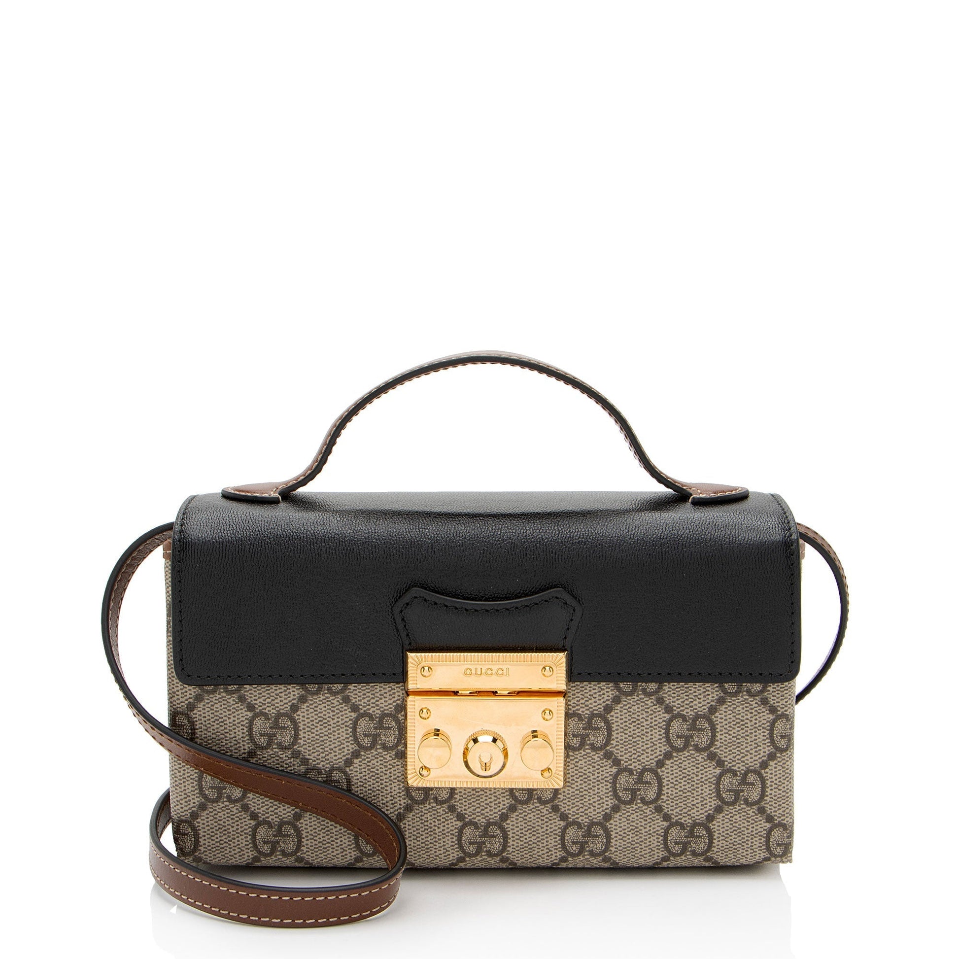 Gucci GG Supreme Padlock Top Handle Leather Canvas Black Brown Crossbody Bag