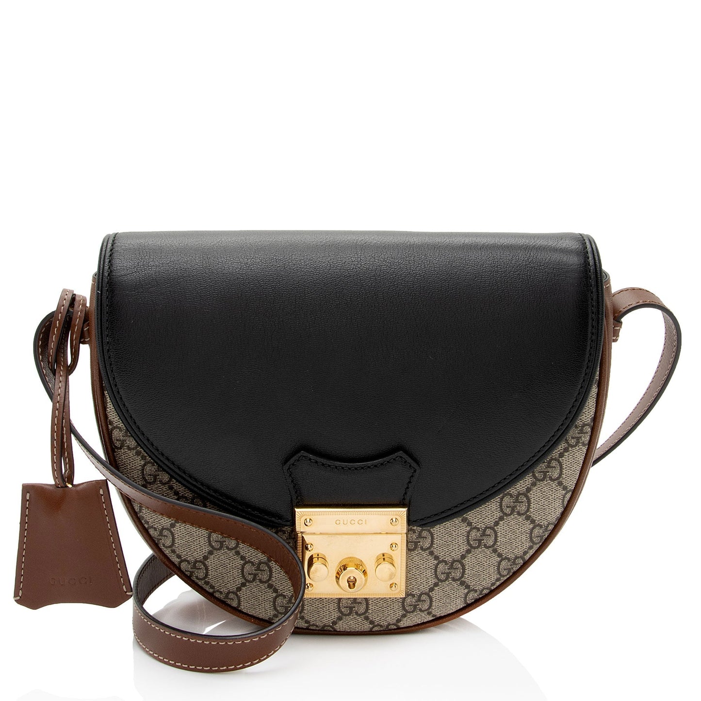 Gucci GG Supreme Padlock Saddle SHF-Wwfxt7 Leather Canvas Black Brown Crossbody Bag