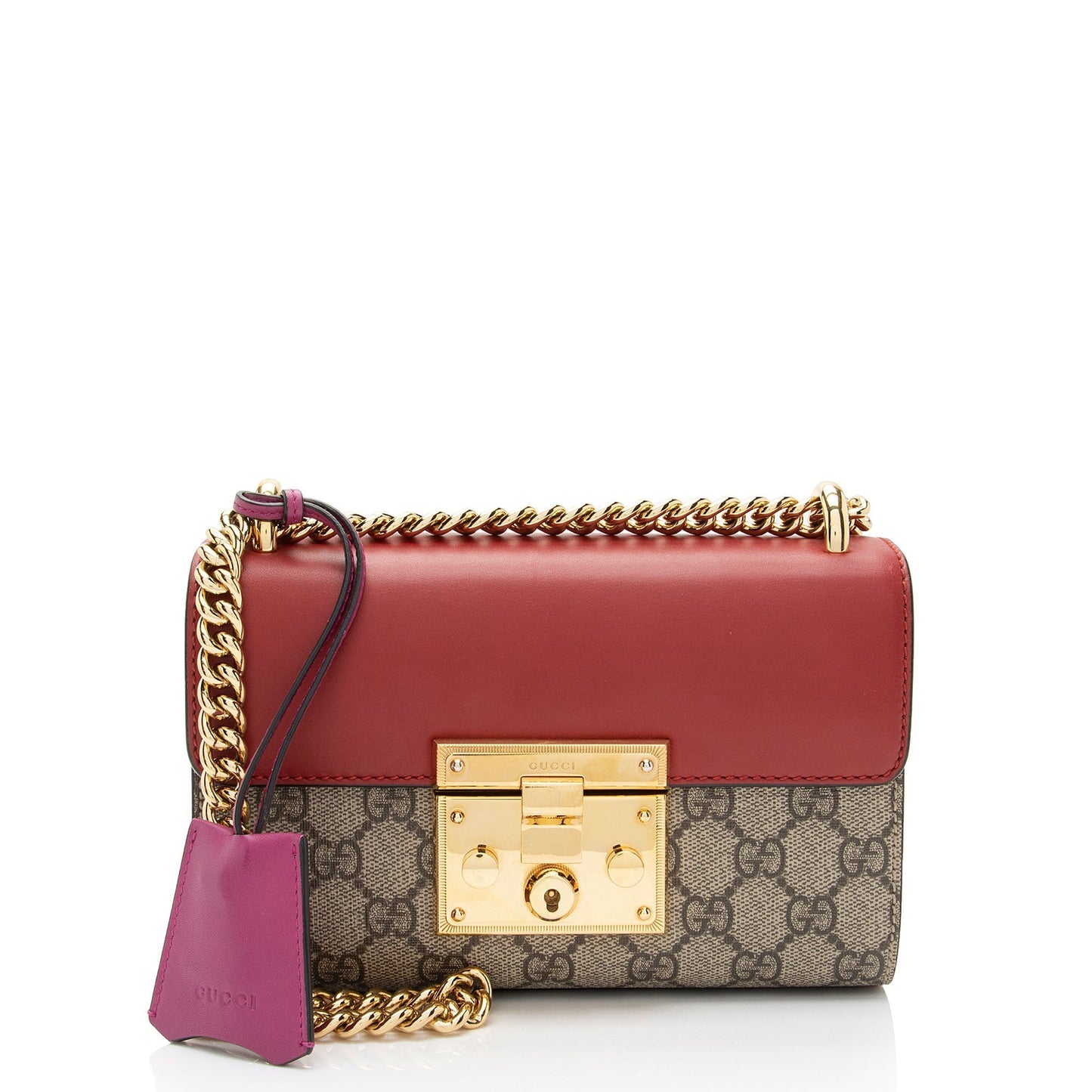 Gucci GG Supreme Padlock SHF-FvSIKl Leather Canvas Beige Red Crossbody Bag