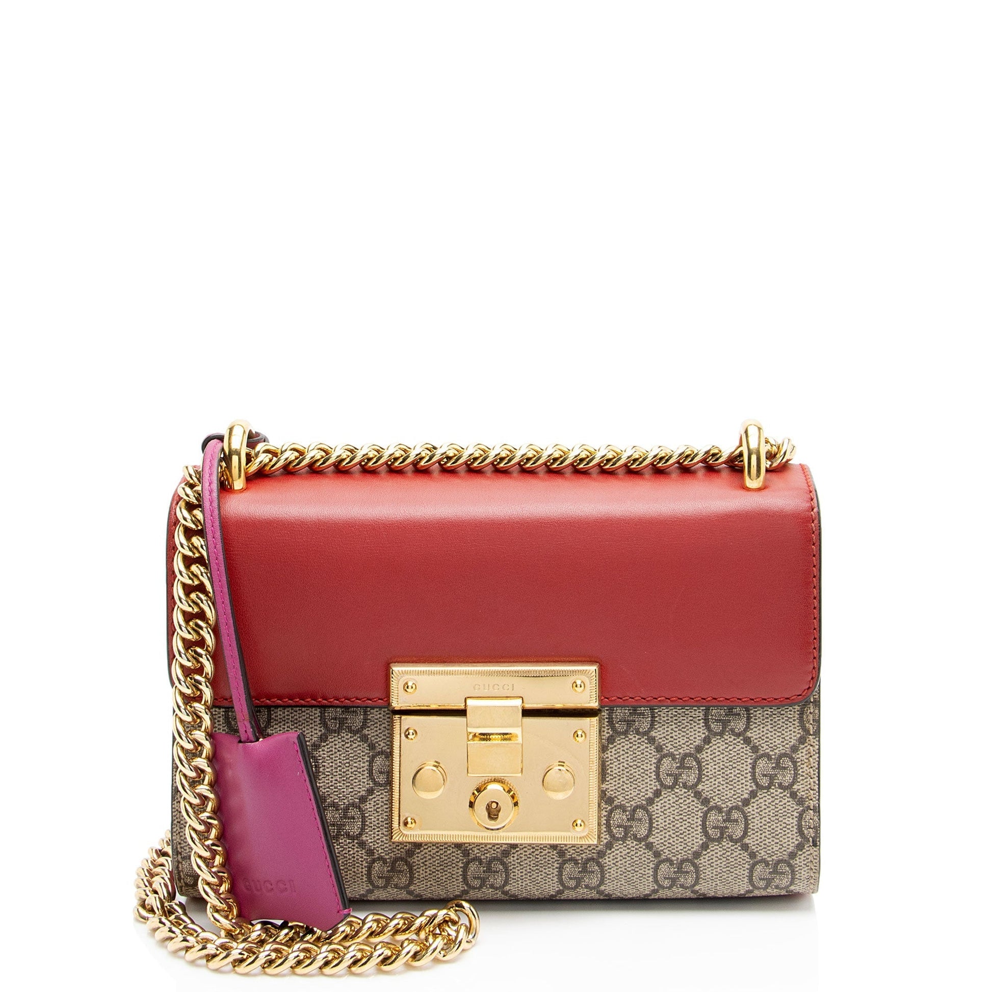 Gucci GG Supreme Padlock Leather Canvas Beige Red Shoulder Bag