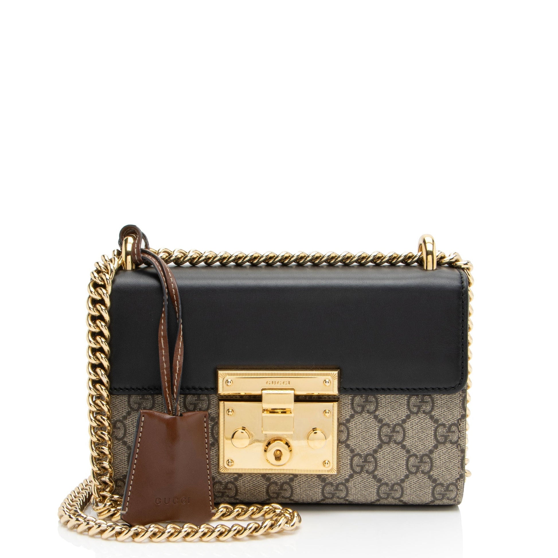 Gucci GG Supreme Padlock Leather Canvas Black Beige Shoulder Bag