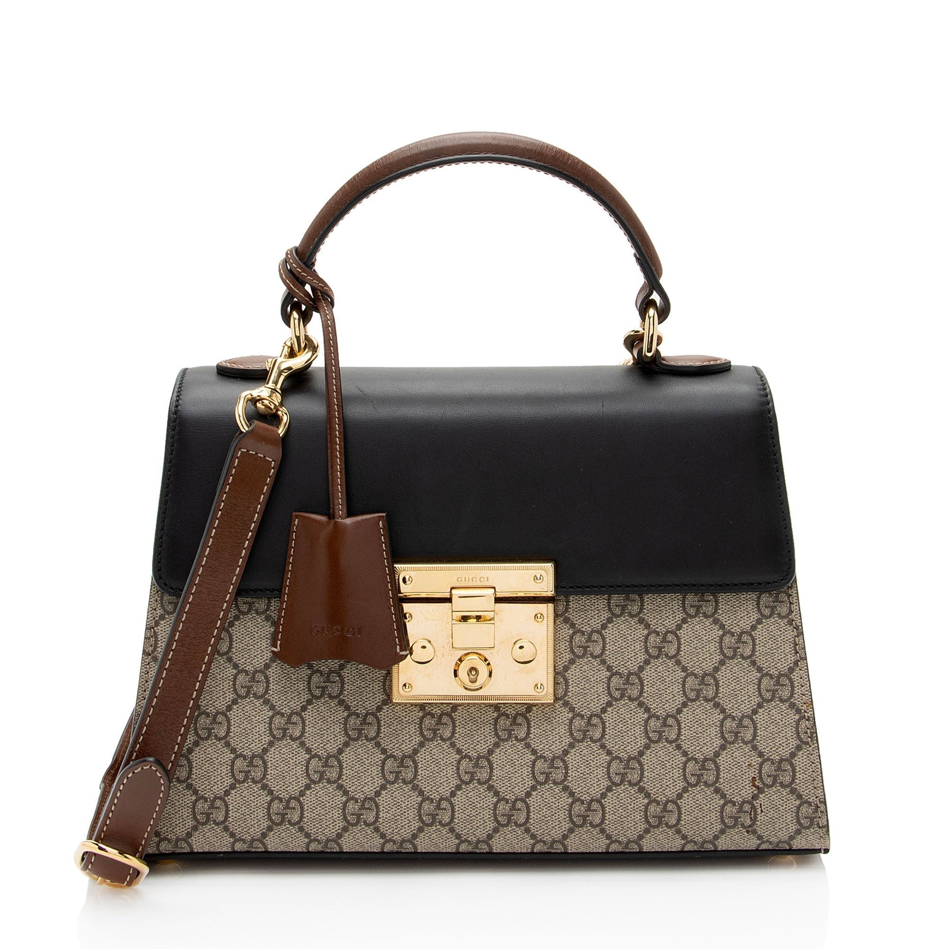 Gucci GG Supreme Padlock Top Handle Leather Canvas Black Brown Satchel Bag Shf Jrvndb