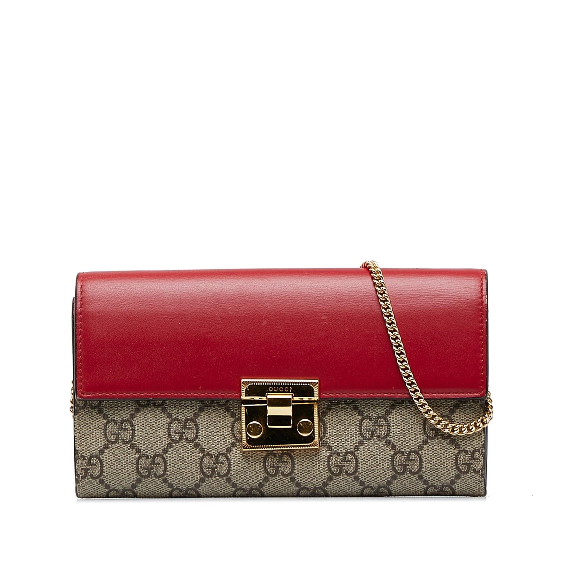 Gucci GG Supreme Padlock Wallet On Canvas Brown Chain Handbag