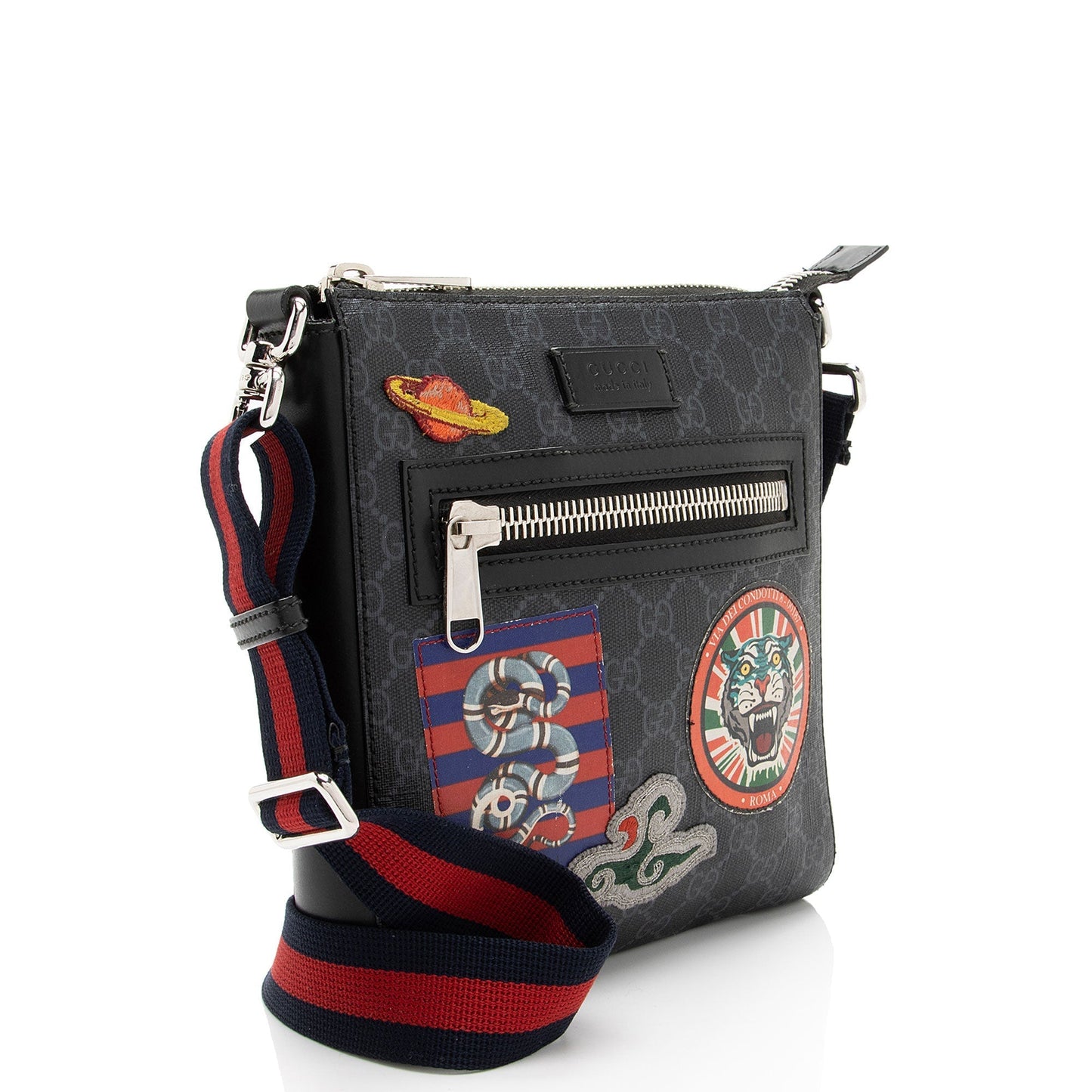 Gucci GG Supreme Patches Messenger Leather Canvas Nylon Black Shoulder Bag