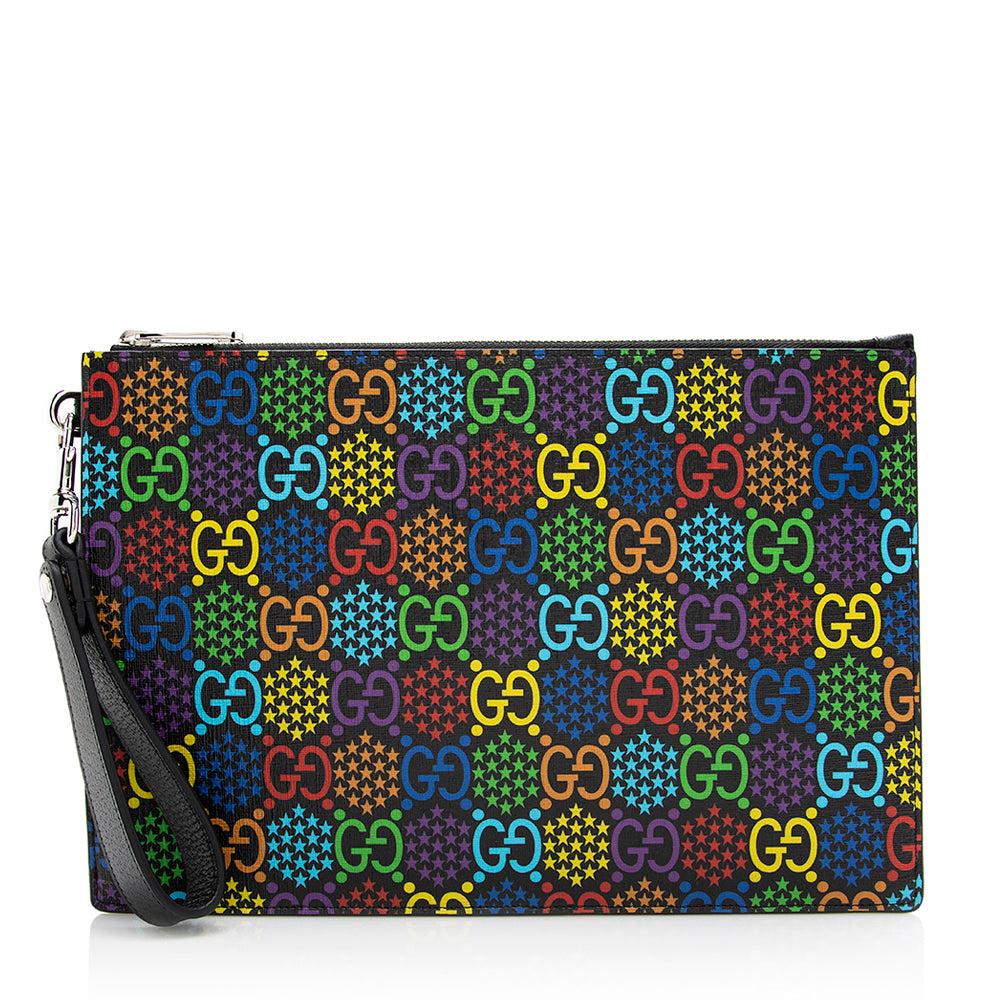 Gucci GG Supreme Psychedelic Zip Wristlet Leather Canvas Black Clutch Bag Wristlet Shf