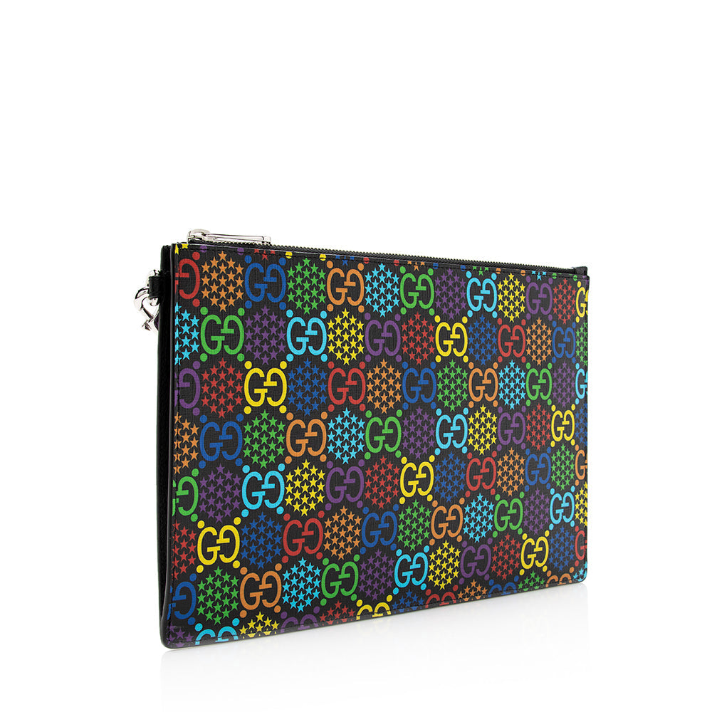 Gucci GG Supreme Psychedelic Zip Wristlet Leather Canvas Black Clutch Bag Wristlet Shf