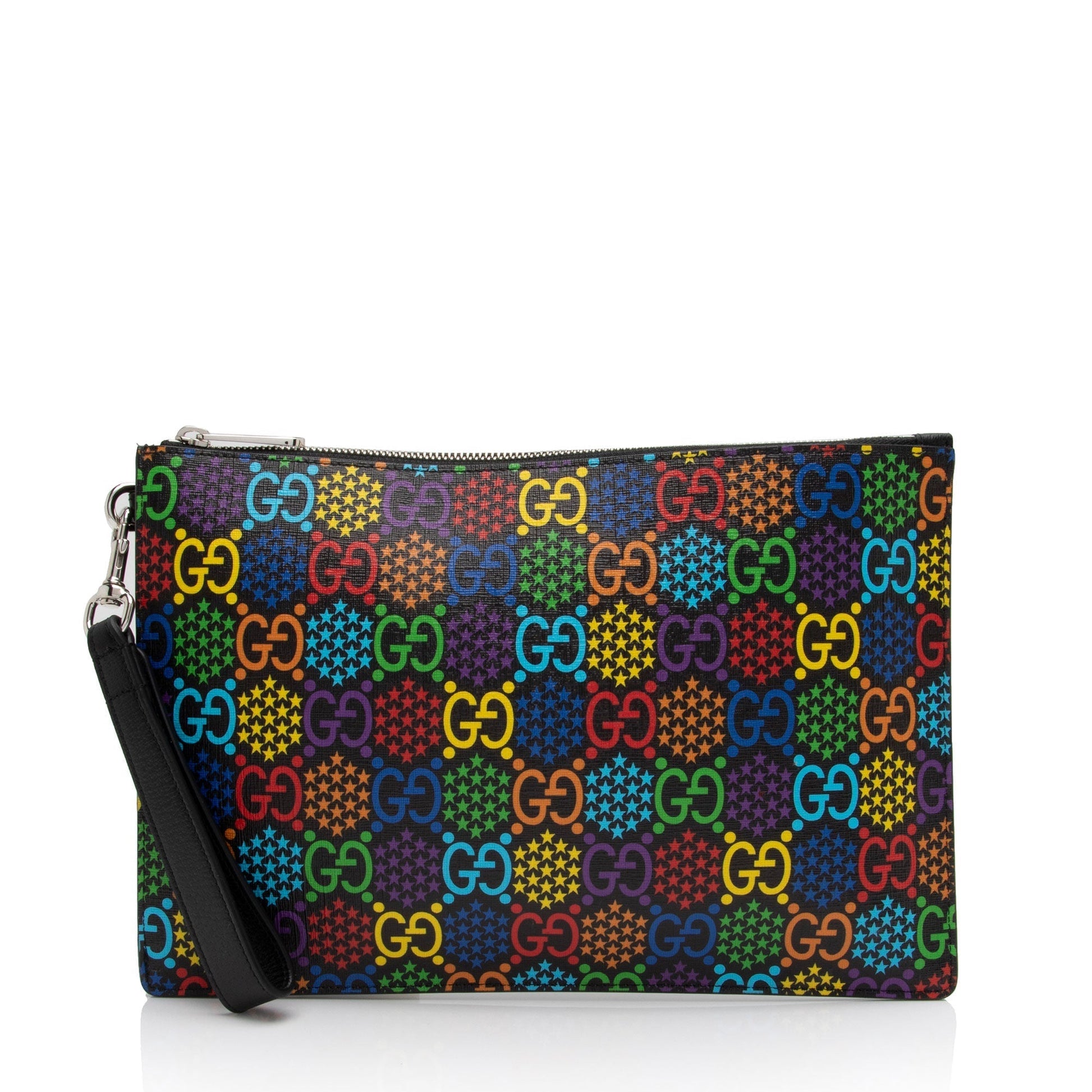 Gucci GG Supreme Psychedelic Zip Wristlet Leather Canvas Black Clutch Bag Shf Tnf9Lo