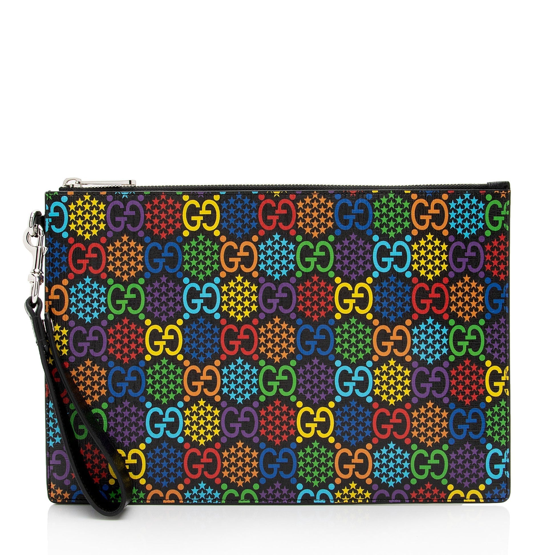 Gucci GG Supreme Psychedelic Zip Wristlet Leather Canvas Black Clutch Bag Shf 10Xpkj