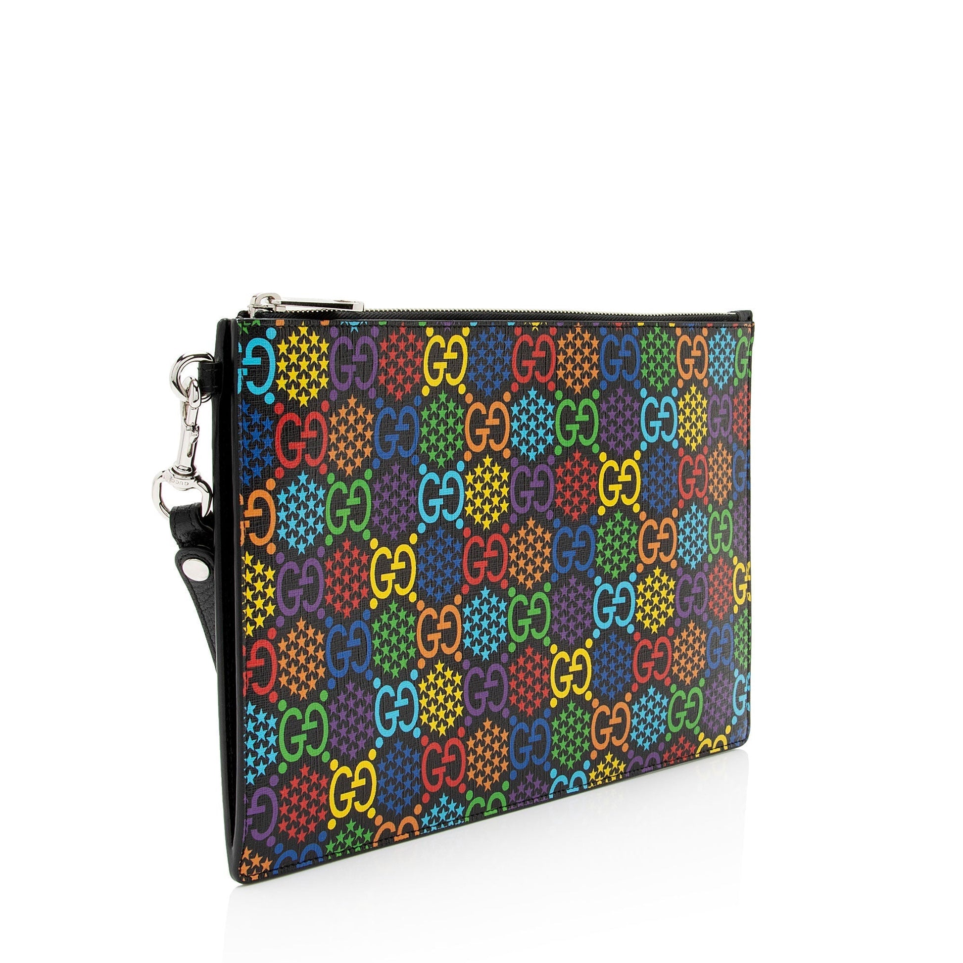 Gucci GG Supreme Psychedelic Zip Wristlet Leather Canvas Black Clutch Bag Shf 10Xpkj
