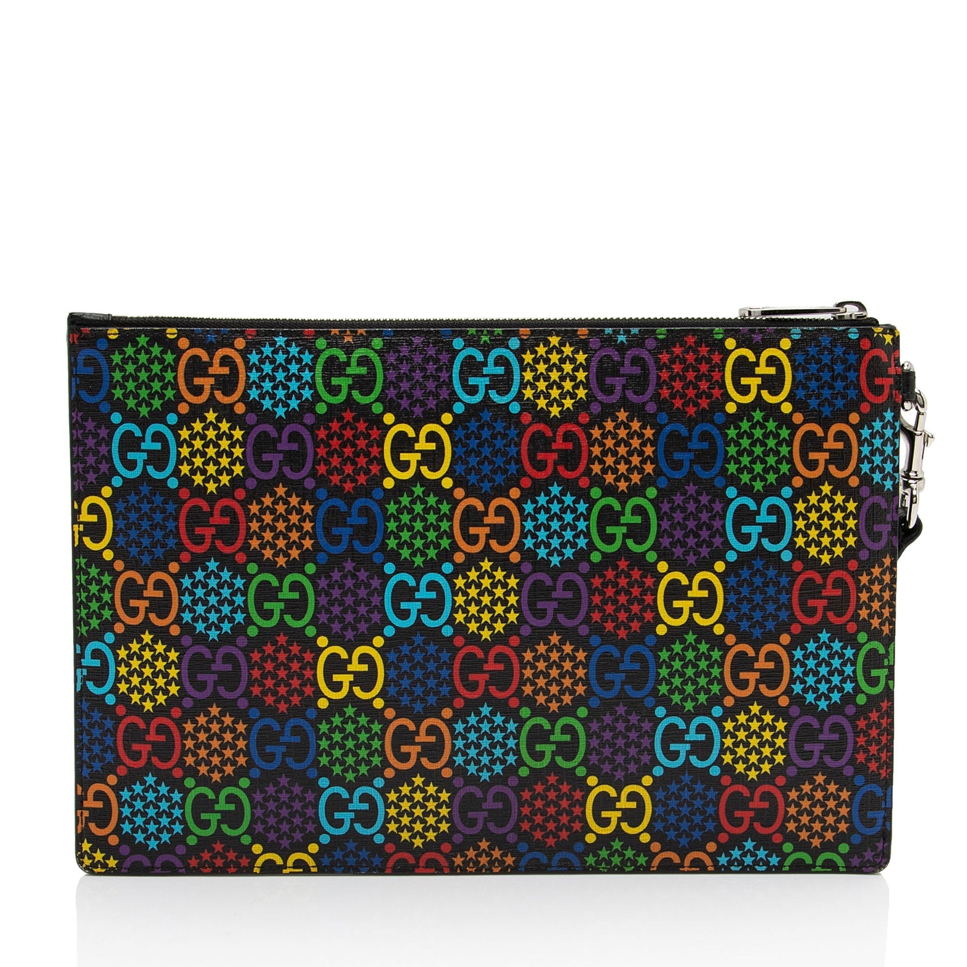 Gucci GG Supreme Psychedelic Zip Wristlet Leather Canvas Black Clutch Bag