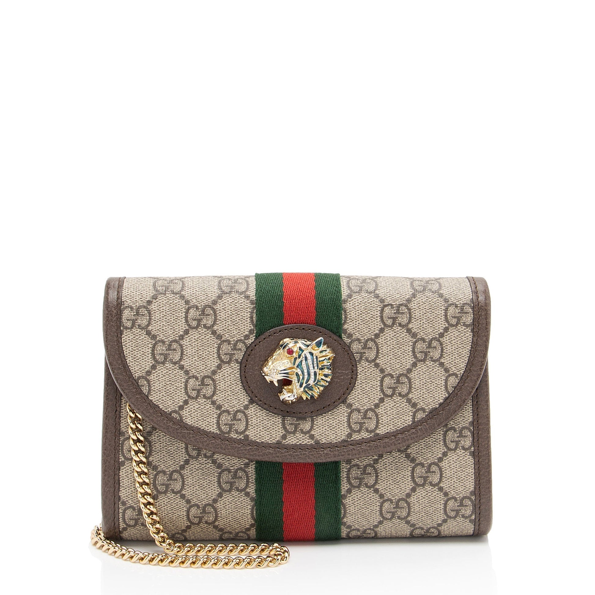 Gucci GG Supreme Rajah Slim Flap Leather Canvas Nylon Brown Crossbody Bag