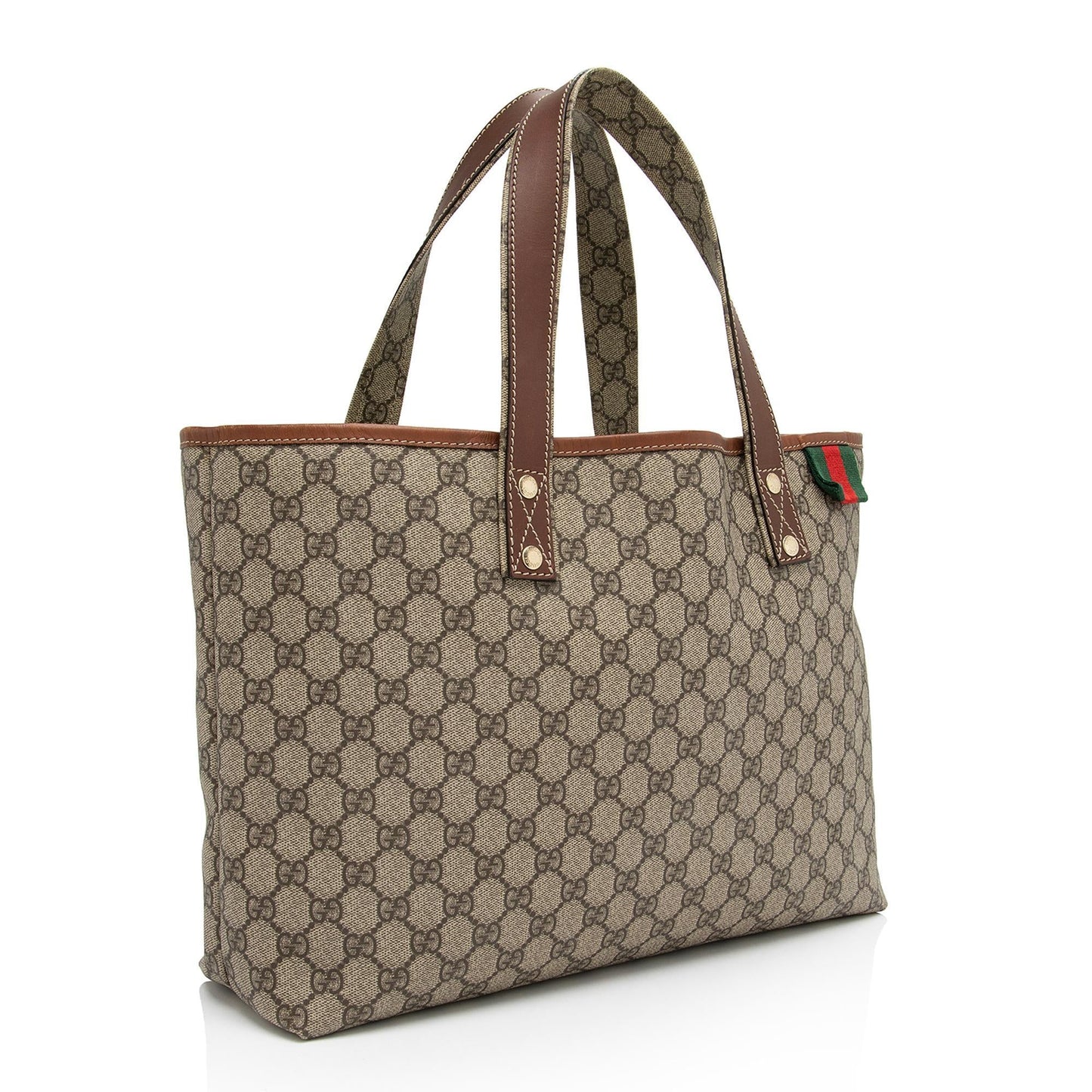 Gucci GG Supreme Signature Web Loop Leather Canvas Nylon Brown Tote Bag Shf Ll8U5X