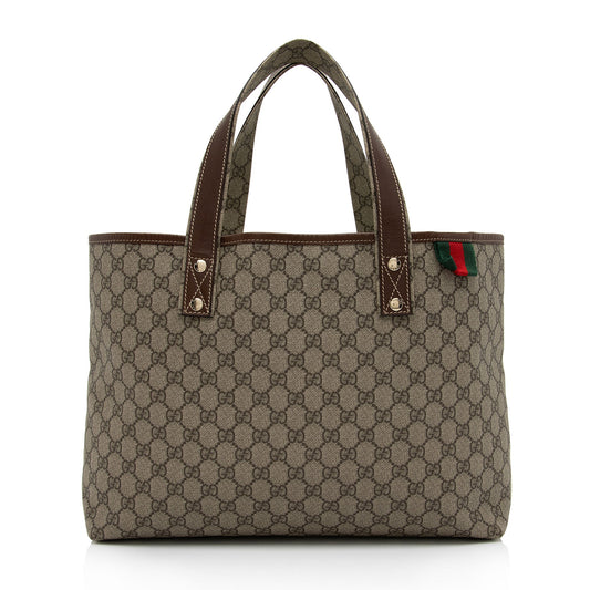 Gucci GG Supreme Signature Web Loop Leather Canvas Nylon Brown Tote Bag Shf J62D4H