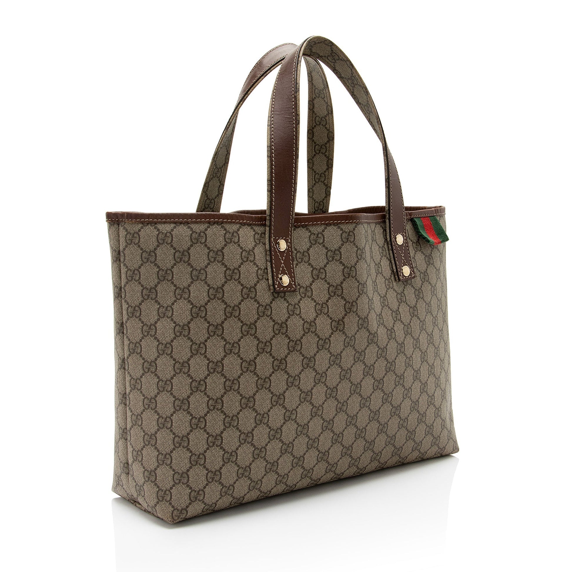 Gucci GG Supreme Signature Web Loop Leather Canvas Nylon Brown Tote Bag