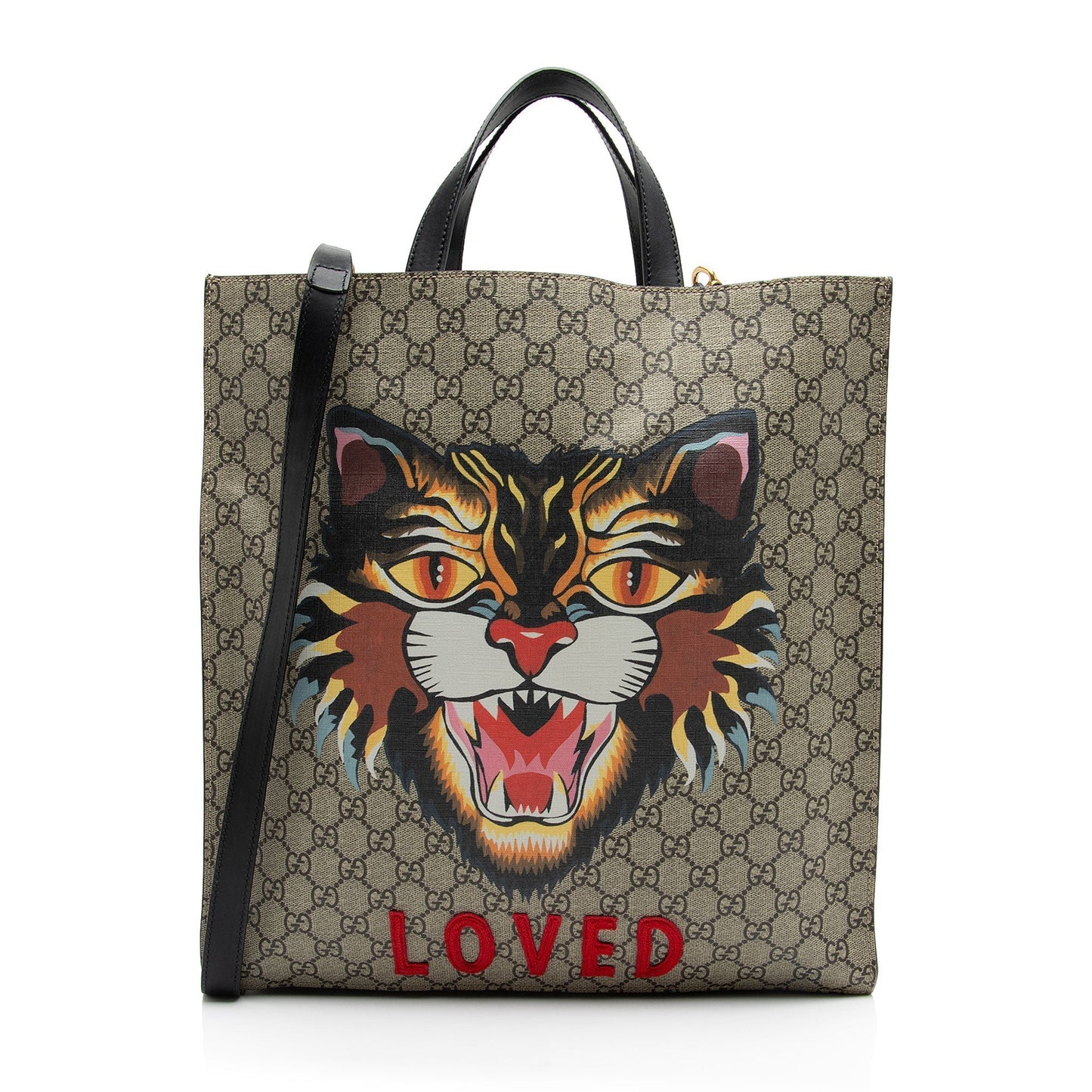 Gucci GG Supreme Soft Angry Cat Leather Canvas Black Beige Tote Bag