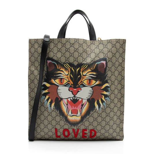 Gucci GG Supreme Soft Angry Cat Leather Canvas Black Beige Tote Bag