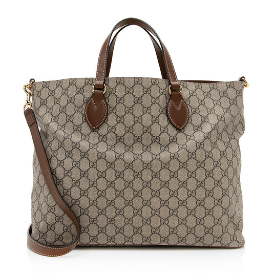 Gucci GG Supreme Soft SHF Leather Canvas Brown Beige Tote Bag