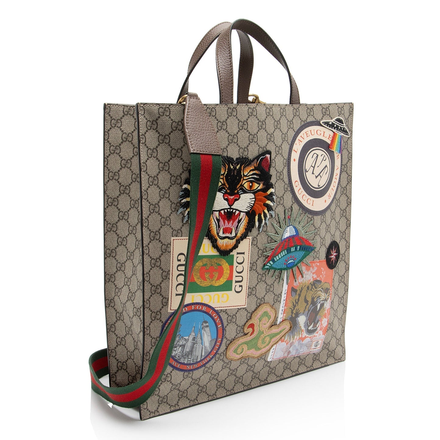 Gucci GG Supreme Soft Vertical Courrier Leather Canvas Nylon Brown Tote Bag
