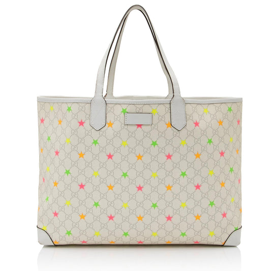 Gucci GG Supreme Stars SHF Leather Canvas White Large Tote Bag