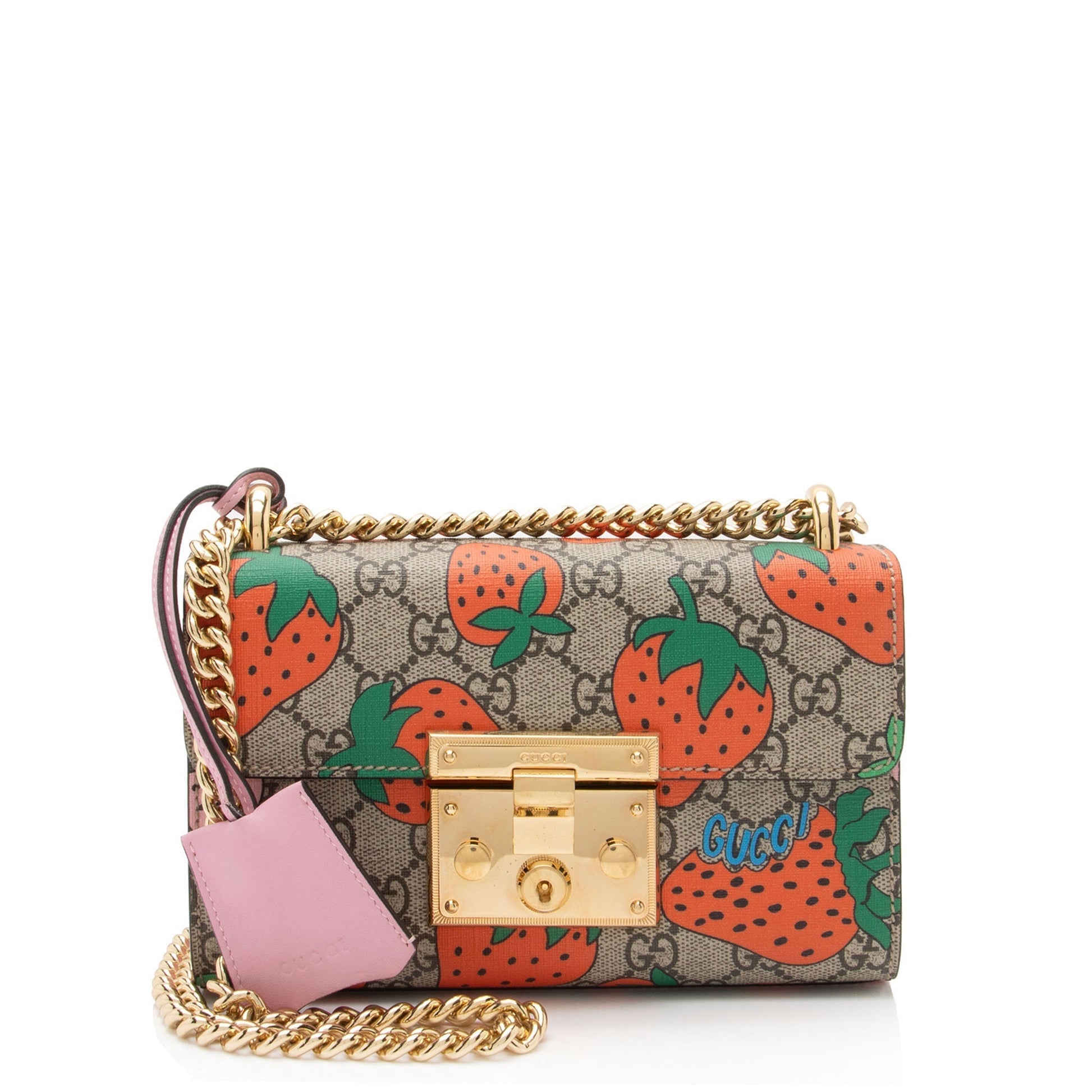 Gucci GG Supreme Strawberry Padlock SHF-uX0Syw Leather Canvas Beige Pink Crossbody Bag