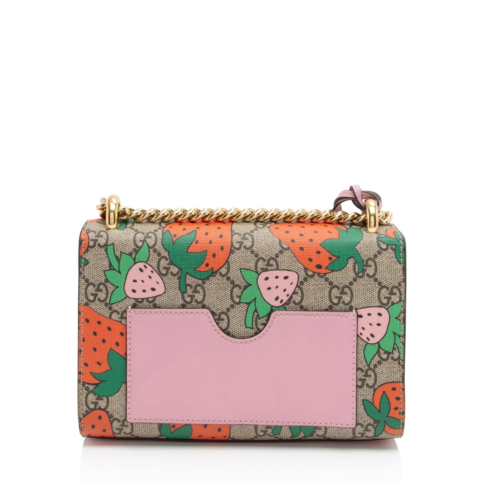 Gucci GG Supreme Strawberry Padlock Leather Canvas Beige Pink Crossbody Bag