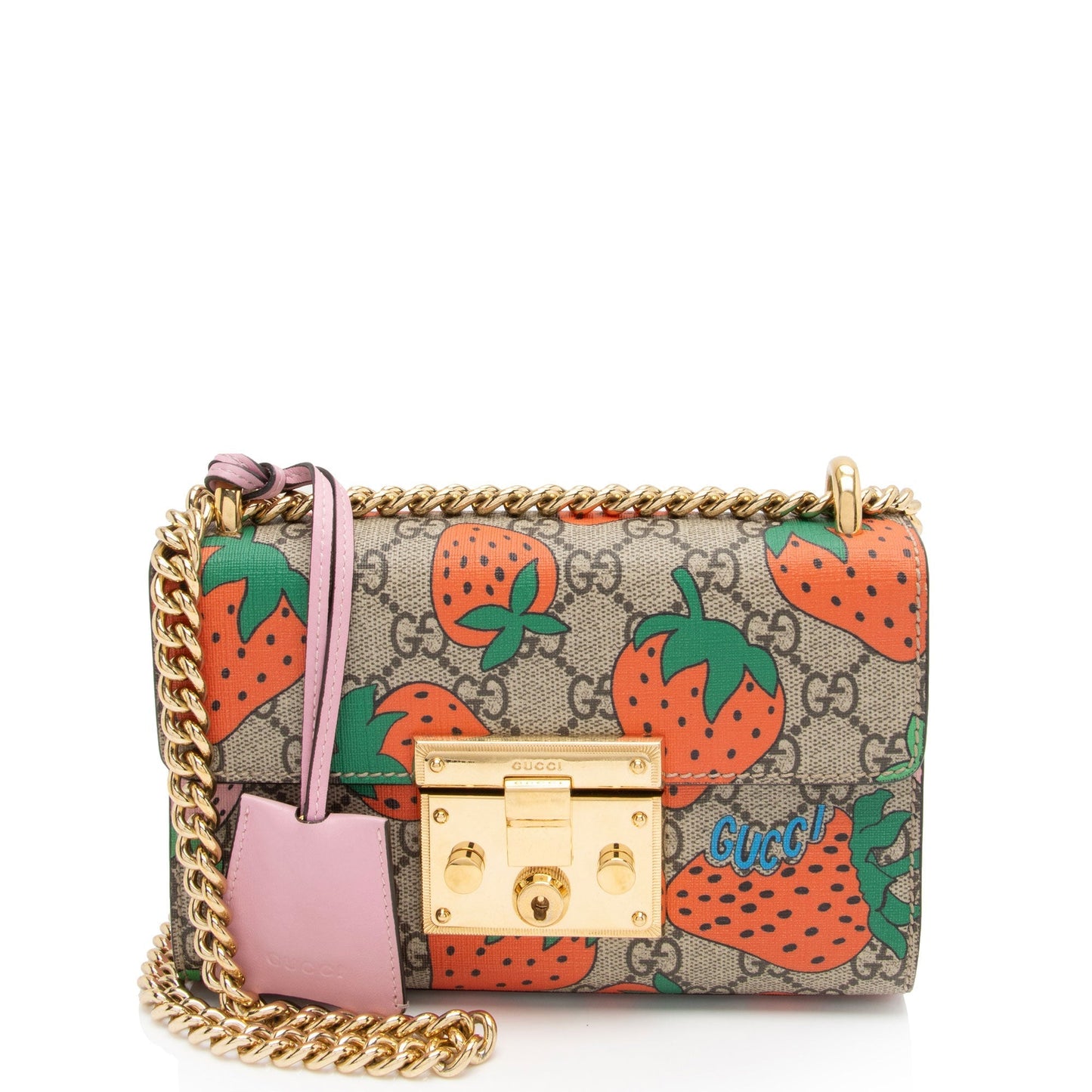 Gucci GG Supreme Strawberry Padlock Leather Canvas Beige Pink Crossbody Bag