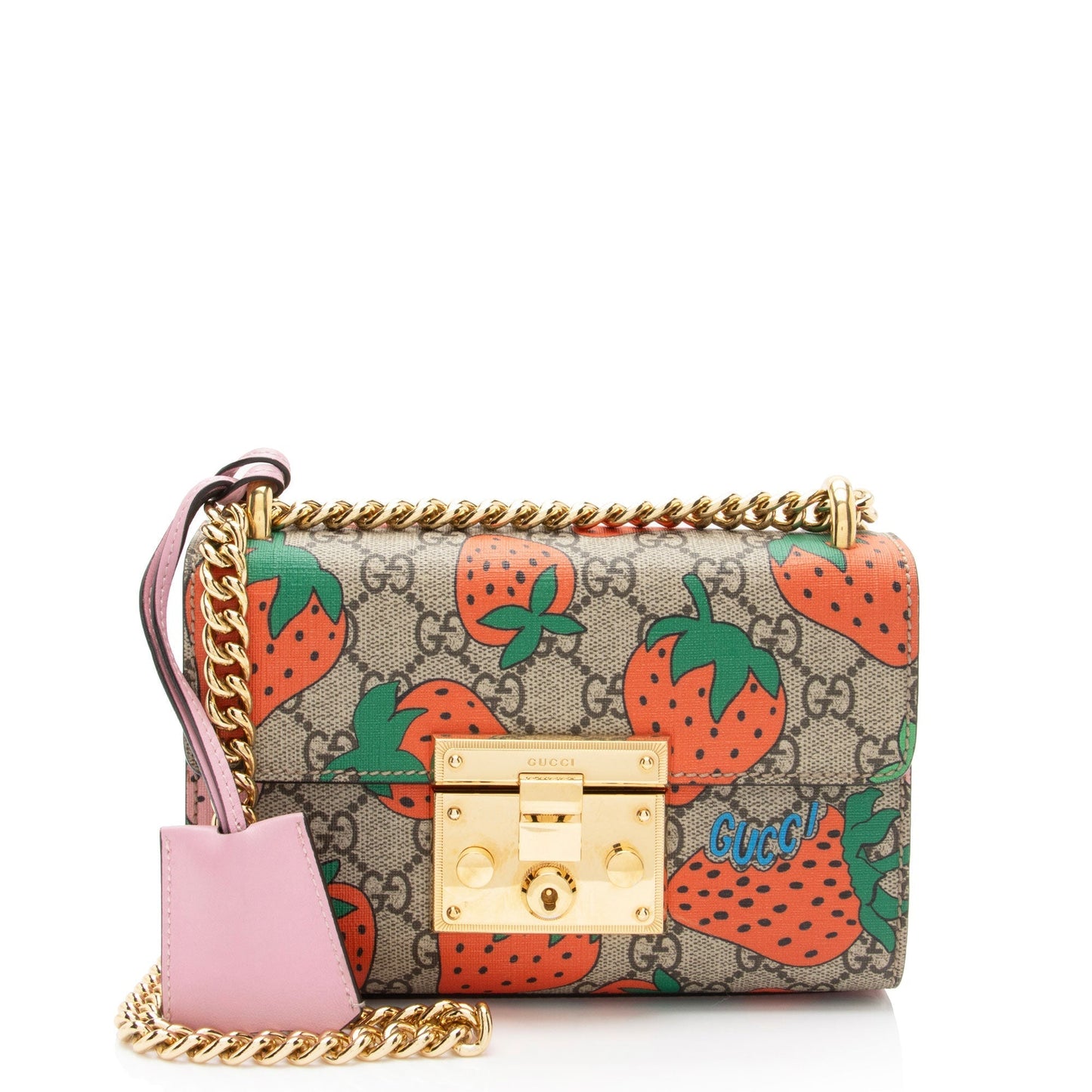 Gucci GG Supreme Strawberry Padlock SHF-KHb3br Leather Canvas Beige Pink Shoulder Bag