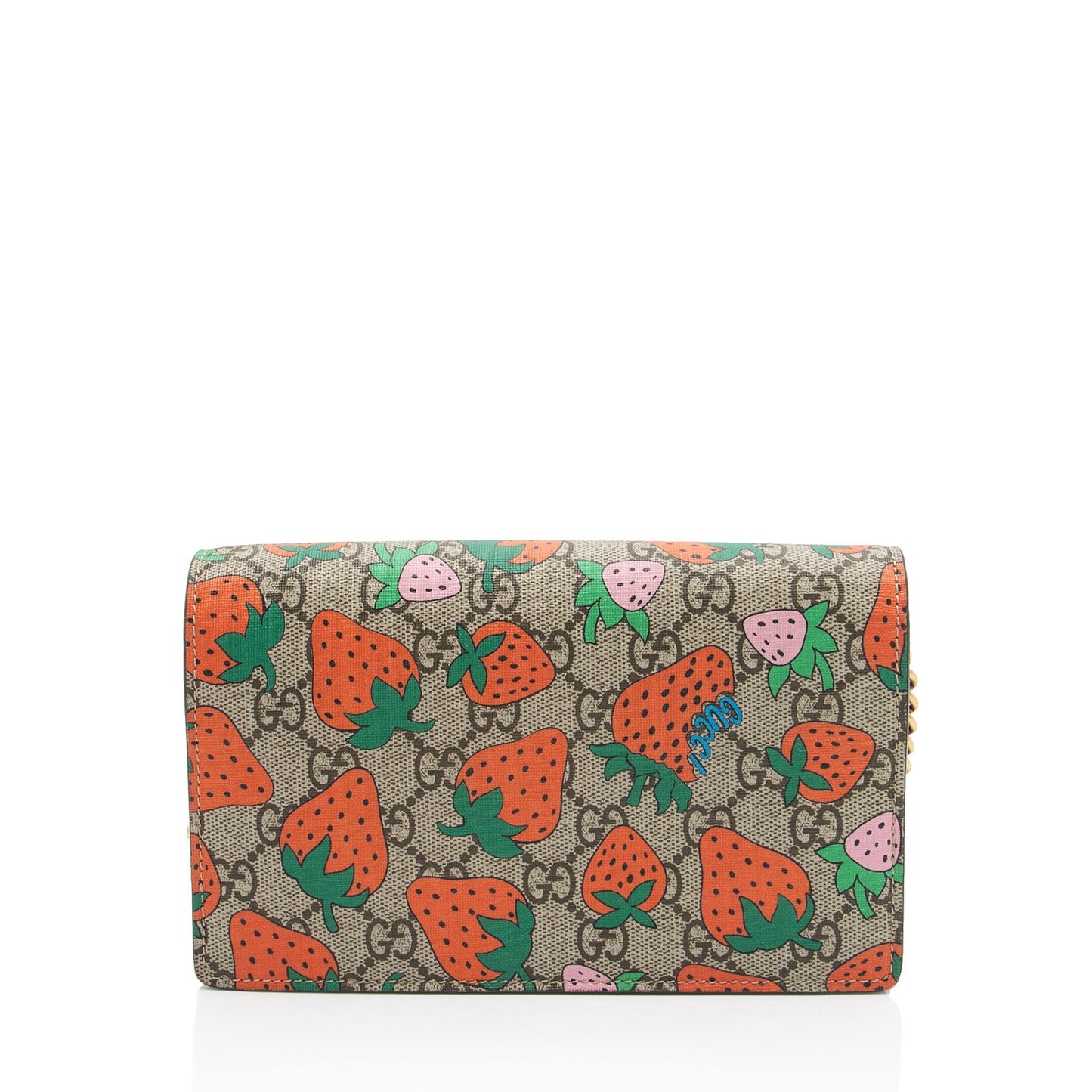Gucci GG Supreme Strawberry Wallet on Leather Canvas Brown Blue Crossbody Bag
