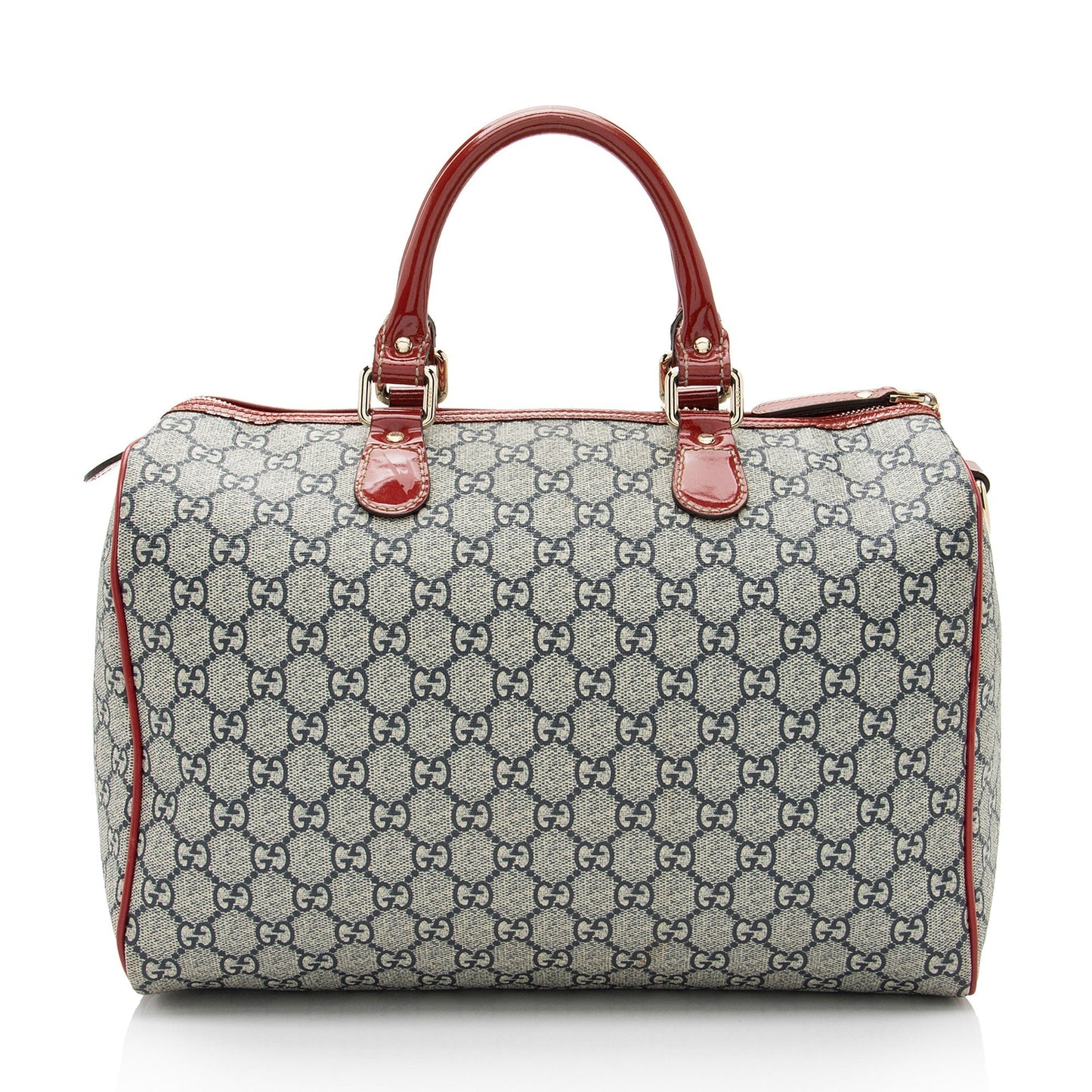 Gucci GG Supreme Tattoo Heart Boston Leather Canvas Patent Blue Satchel Bag