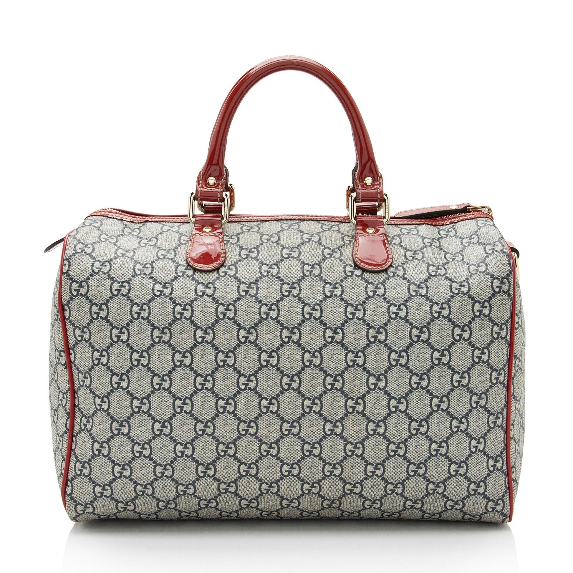 Gucci GG Supreme Tattoo Heart Boston Leather Canvas Patent Blue Satchel Bag