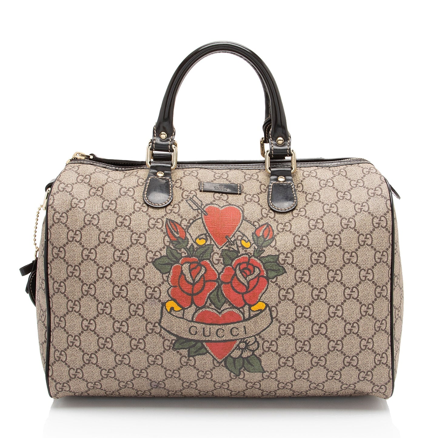 Gucci GG Supreme Tattoo Heart Boston Leather Canvas Brown Beige Satchel Bag