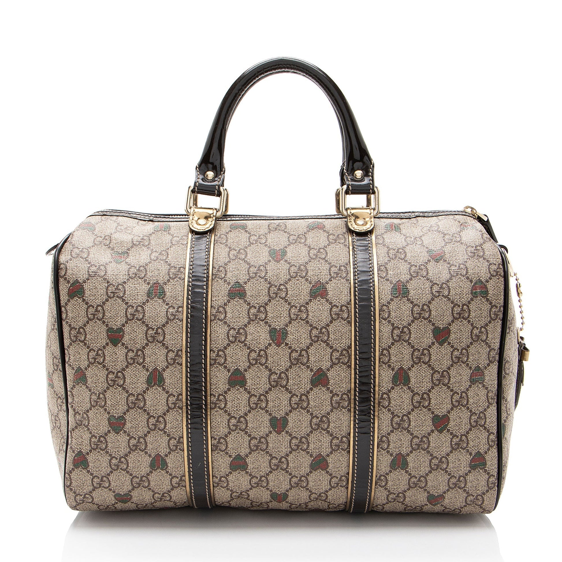Gucci GG Supreme Tattoo Hearts Joy Leather Canvas Patent Brown Satchel Bag Shf Ahkv76