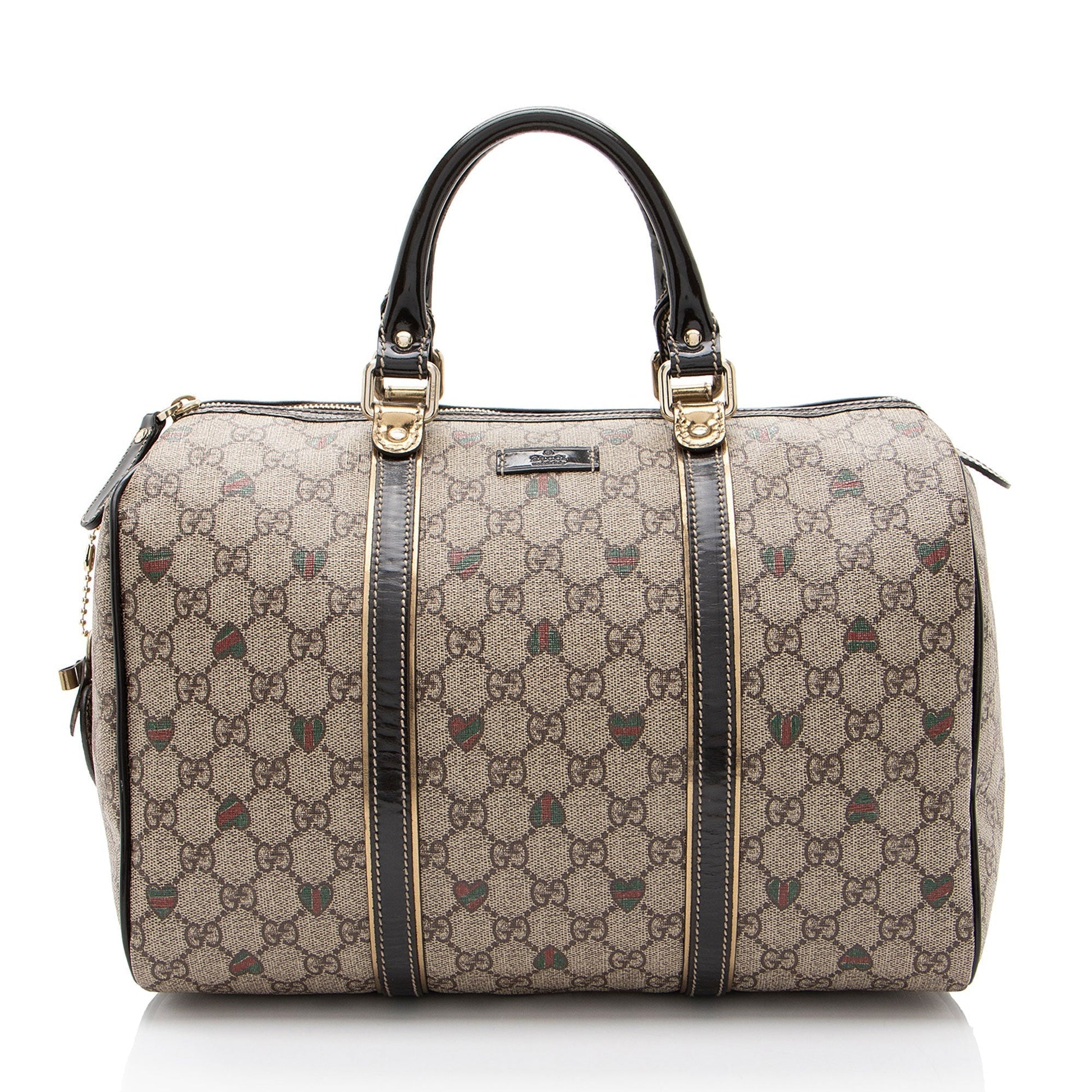 Gucci GG Supreme Tattoo Hearts Joy Leather Canvas Patent Brown Satchel Bag Shf Ahkv76