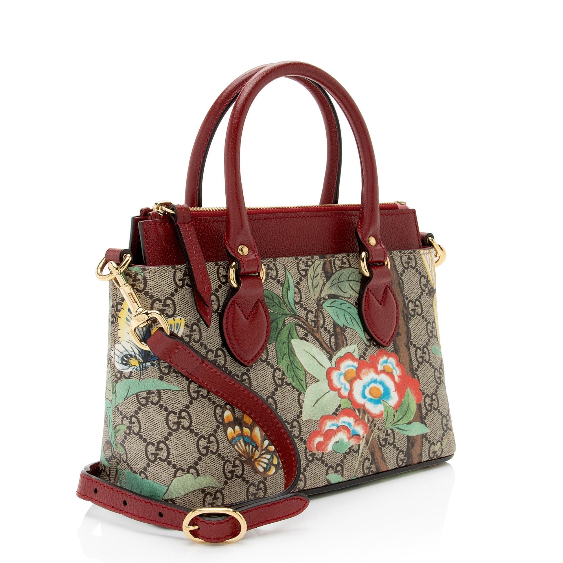 Gucci GG Supreme Tian Zip SHF-Z1F Leather Canvas Beige Red Tote Bag