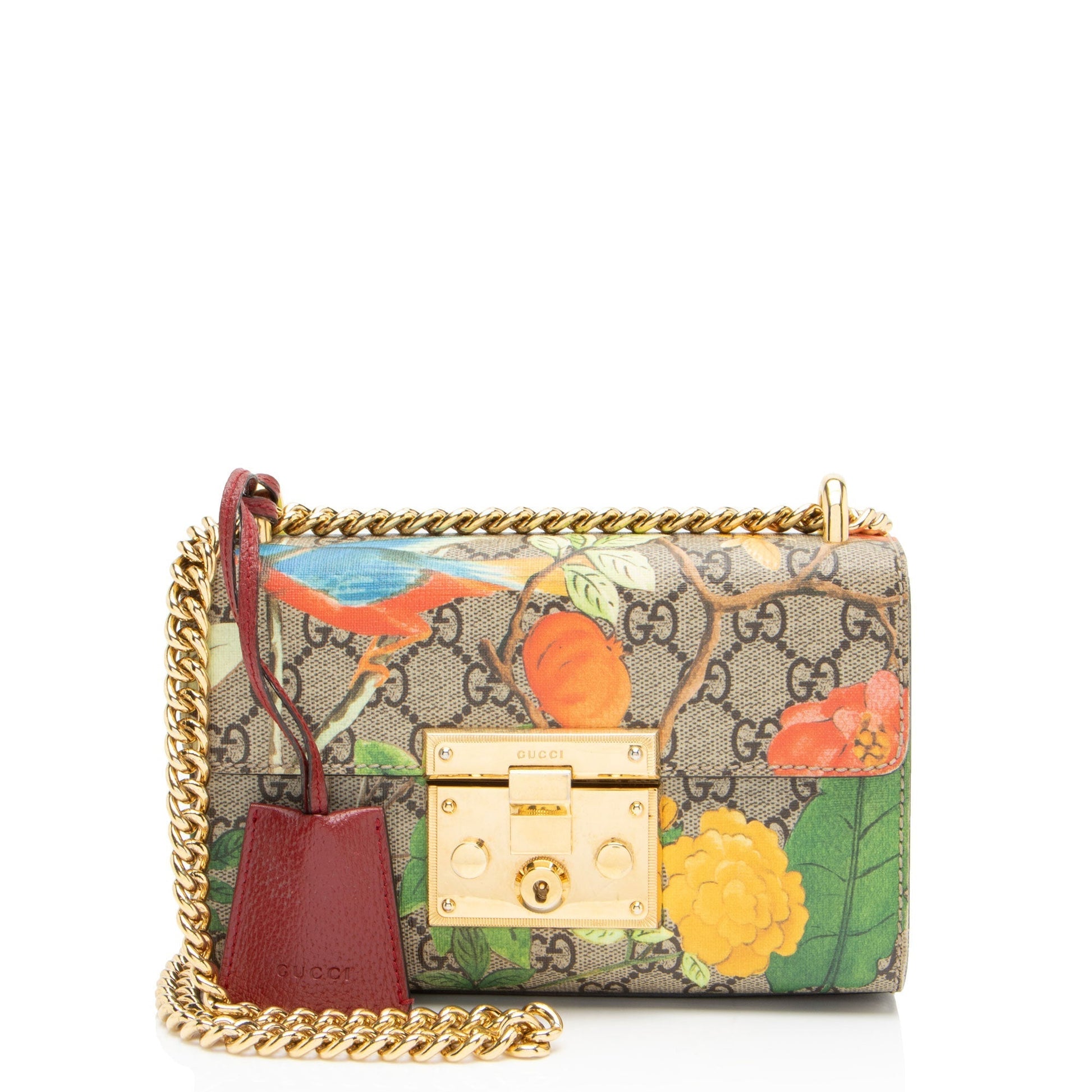 Gucci GG Supreme Tian Padlock Leather Canvas Brown Red Shoulder Bag