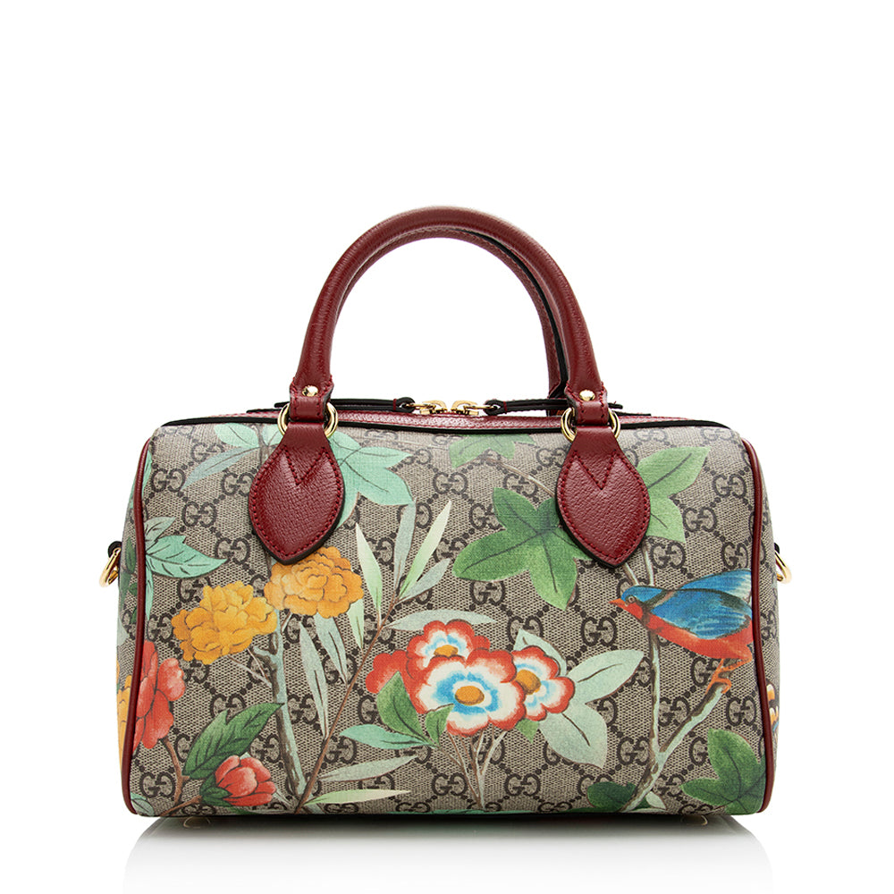 Gucci GG Supreme Tian Top Handle Leather Canvas Beige Red Satchel Bag