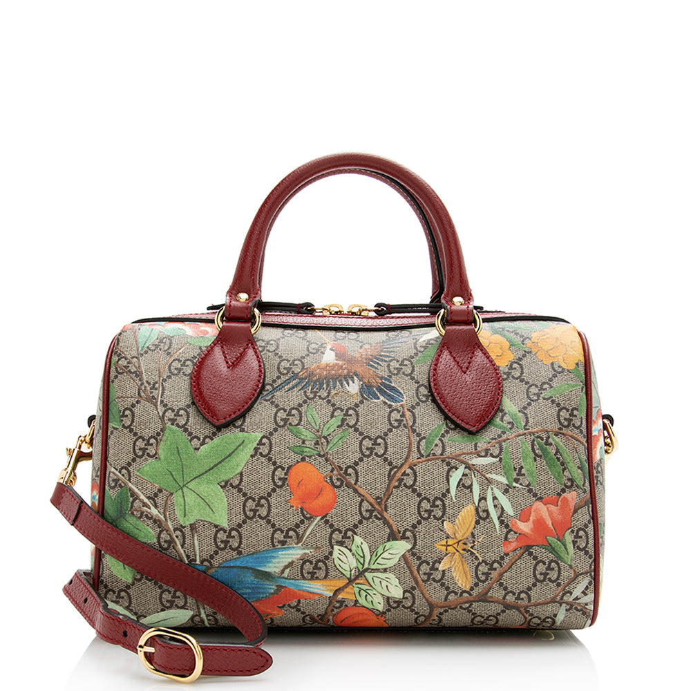 Gucci GG Supreme Tian Top Handle Leather Canvas Beige Red Satchel Bag
