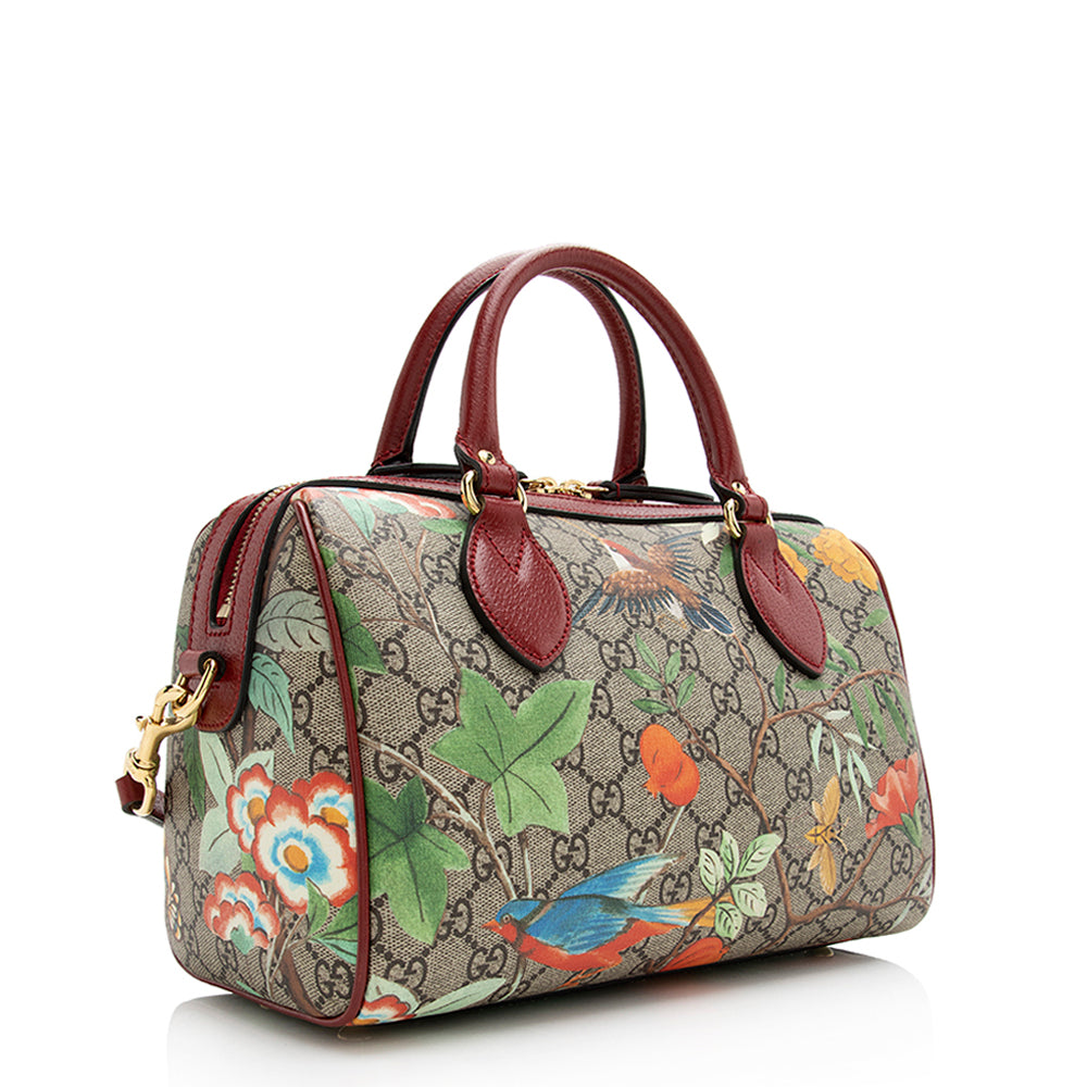 Gucci GG Supreme Tian Top Handle Leather Canvas Beige Red Satchel Bag