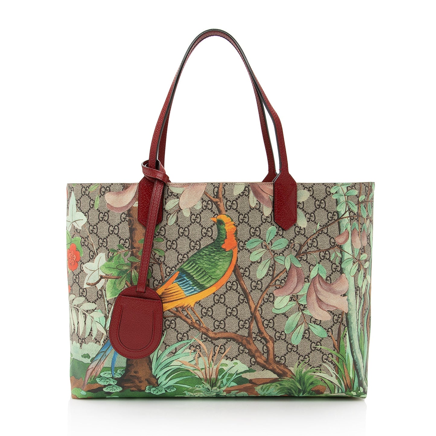 Gucci GG Supreme Tian SHF Leather Canvas Beige Red Tote Bag