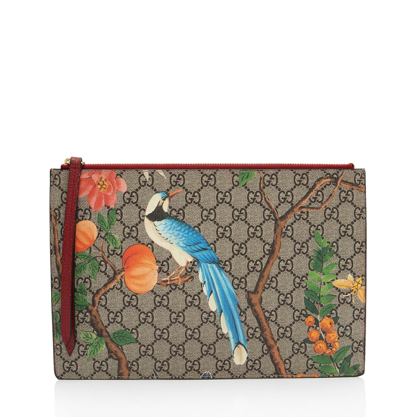 Gucci GG Supreme Tian Zip Pouch Leather Canvas Beige Red Clutch Bag
