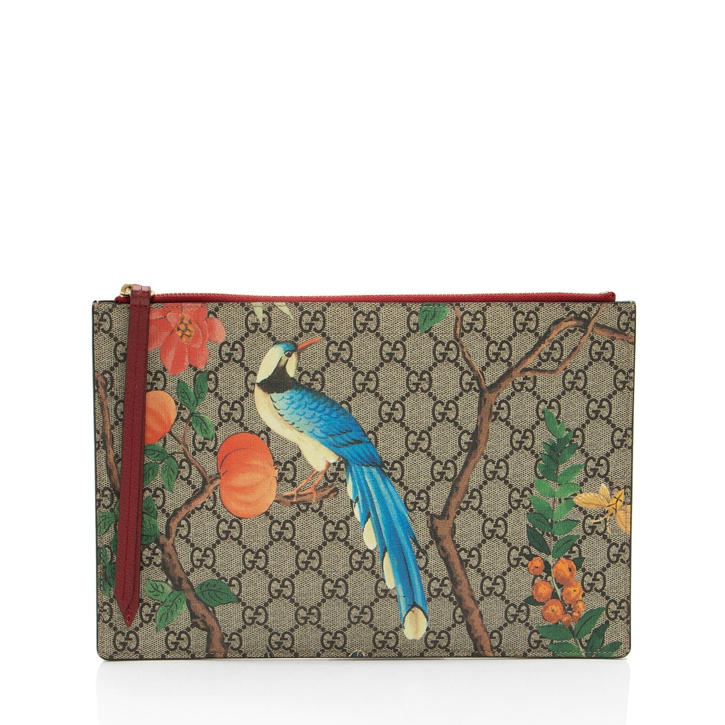Gucci GG Supreme Tian Zip Pouch Leather Canvas Beige Red Clutch Bag Shf F3Qqbm