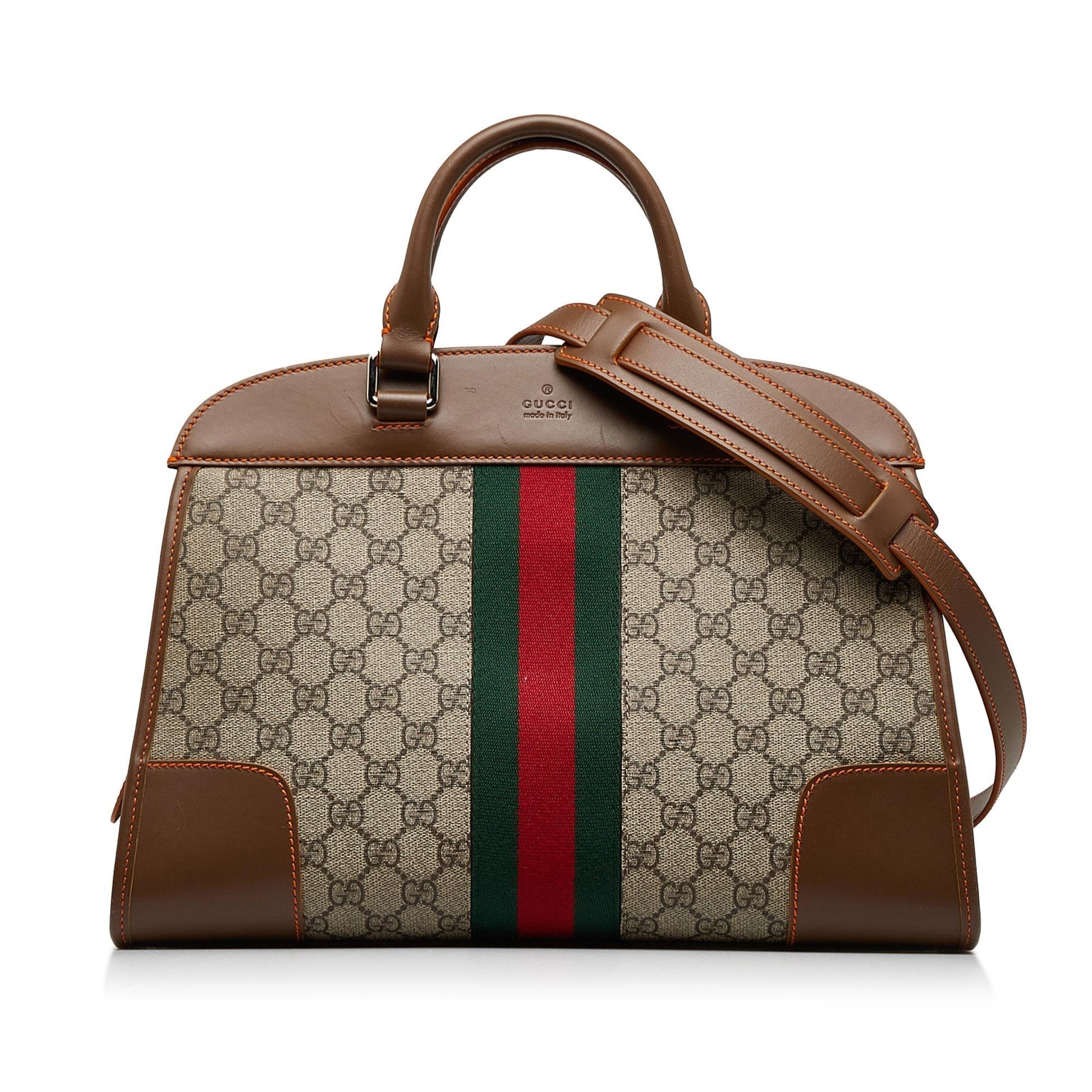 Gucci GG Supreme Web Duffle SHG-a5gr4F Canvas Calf Brown Tote Bag