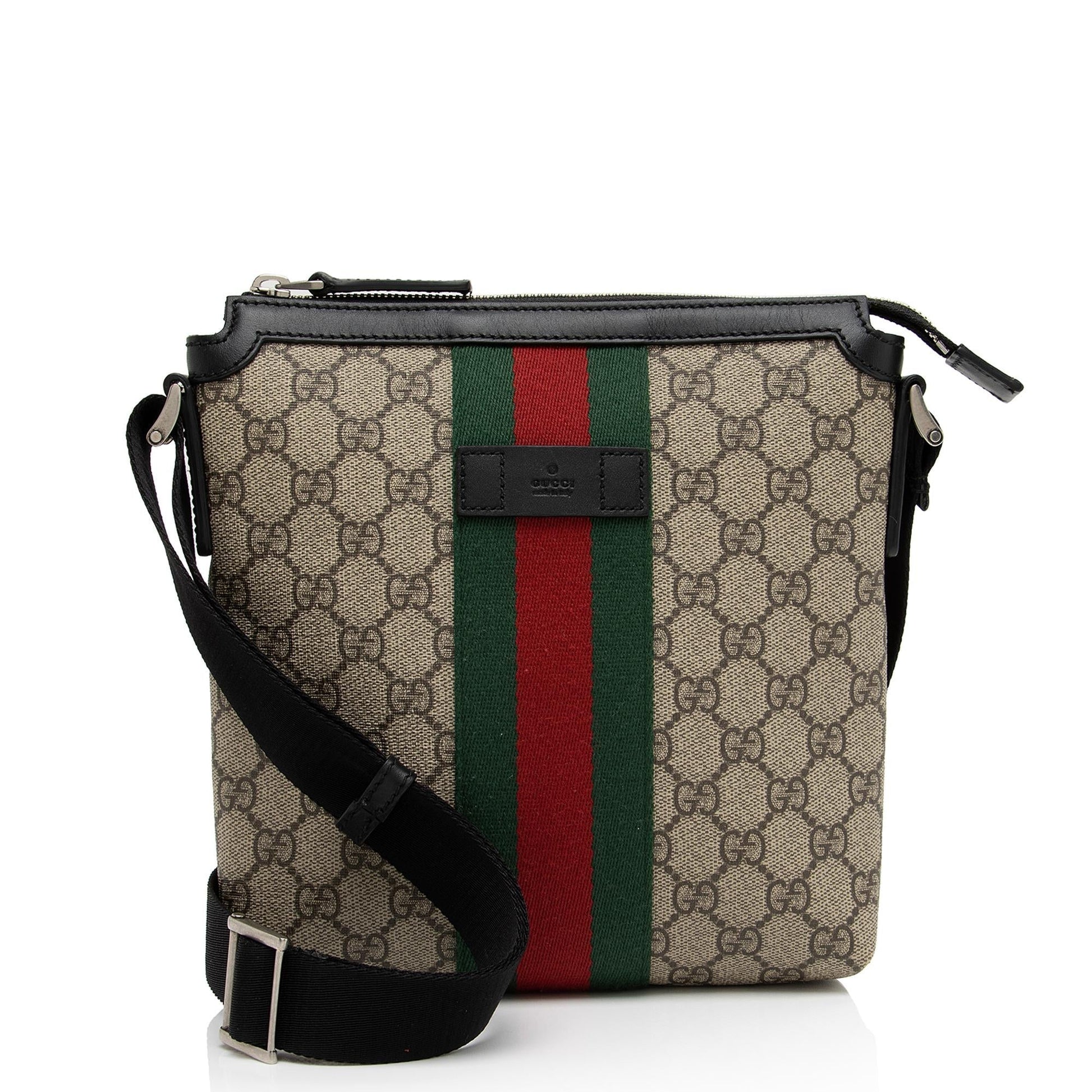Gucci GG Supreme Web Flat Messenger Leather Canvas Nylon Black Shoes