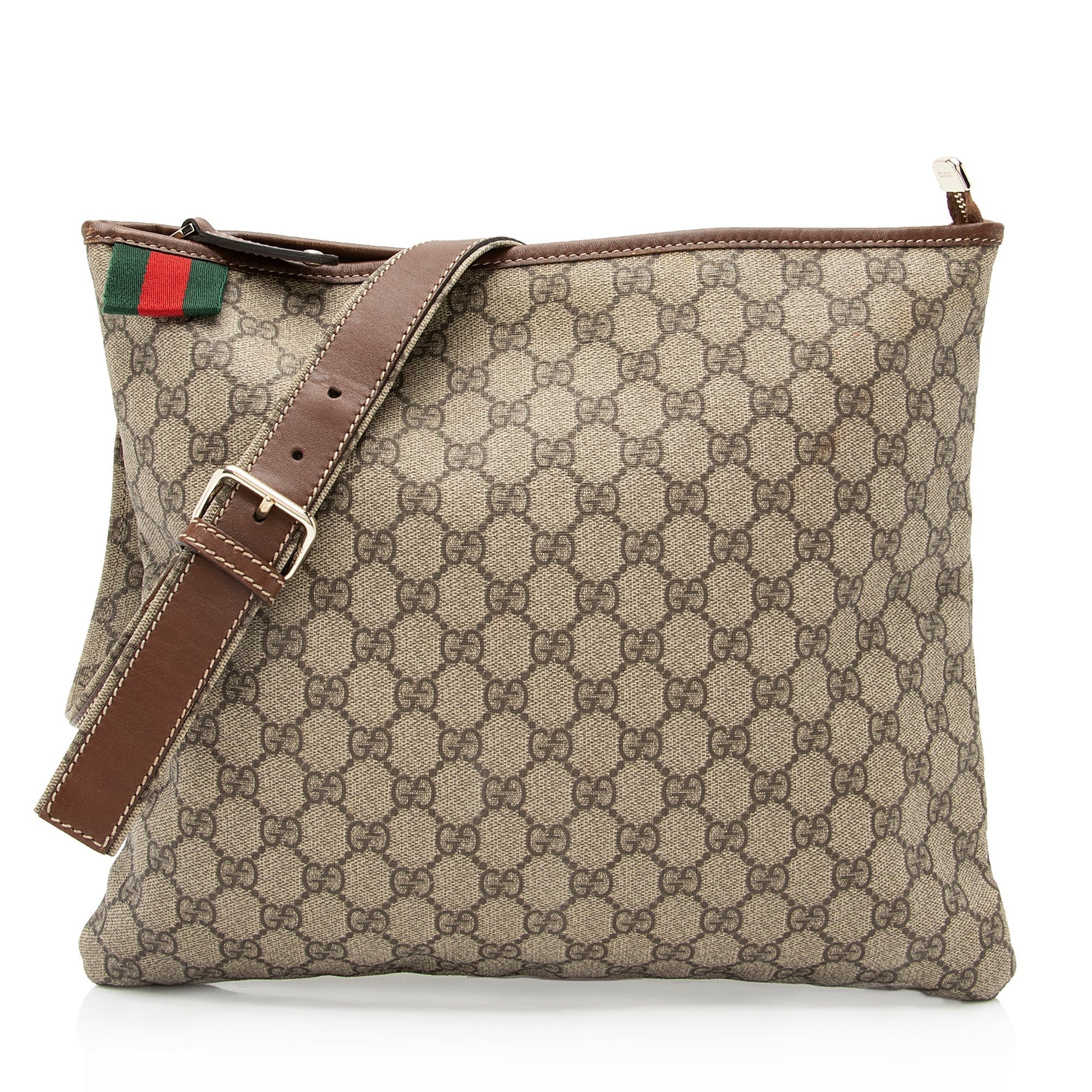 Gucci GG Supreme Web Loop Flat Leather Canvas Nylon Brown Shoes Bag Shf