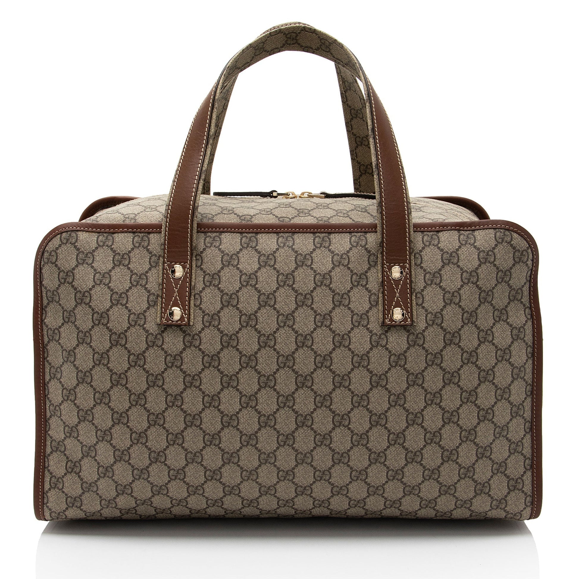 Gucci GG Supreme Web Loop Duffle Leather Canvas Nylon Brown Travel Bag