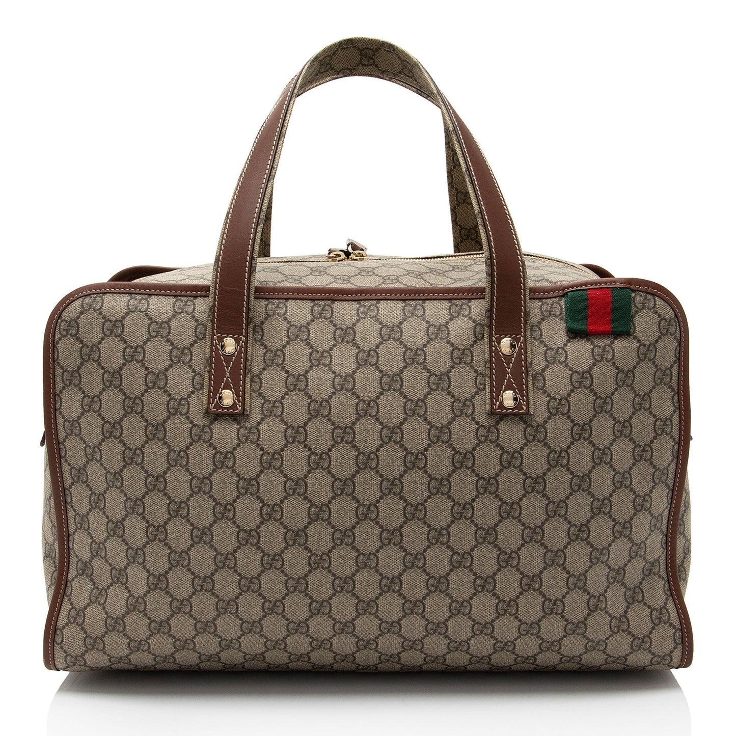 Gucci GG Supreme Web Loop Duffle Leather Canvas Nylon Brown Travel Bag