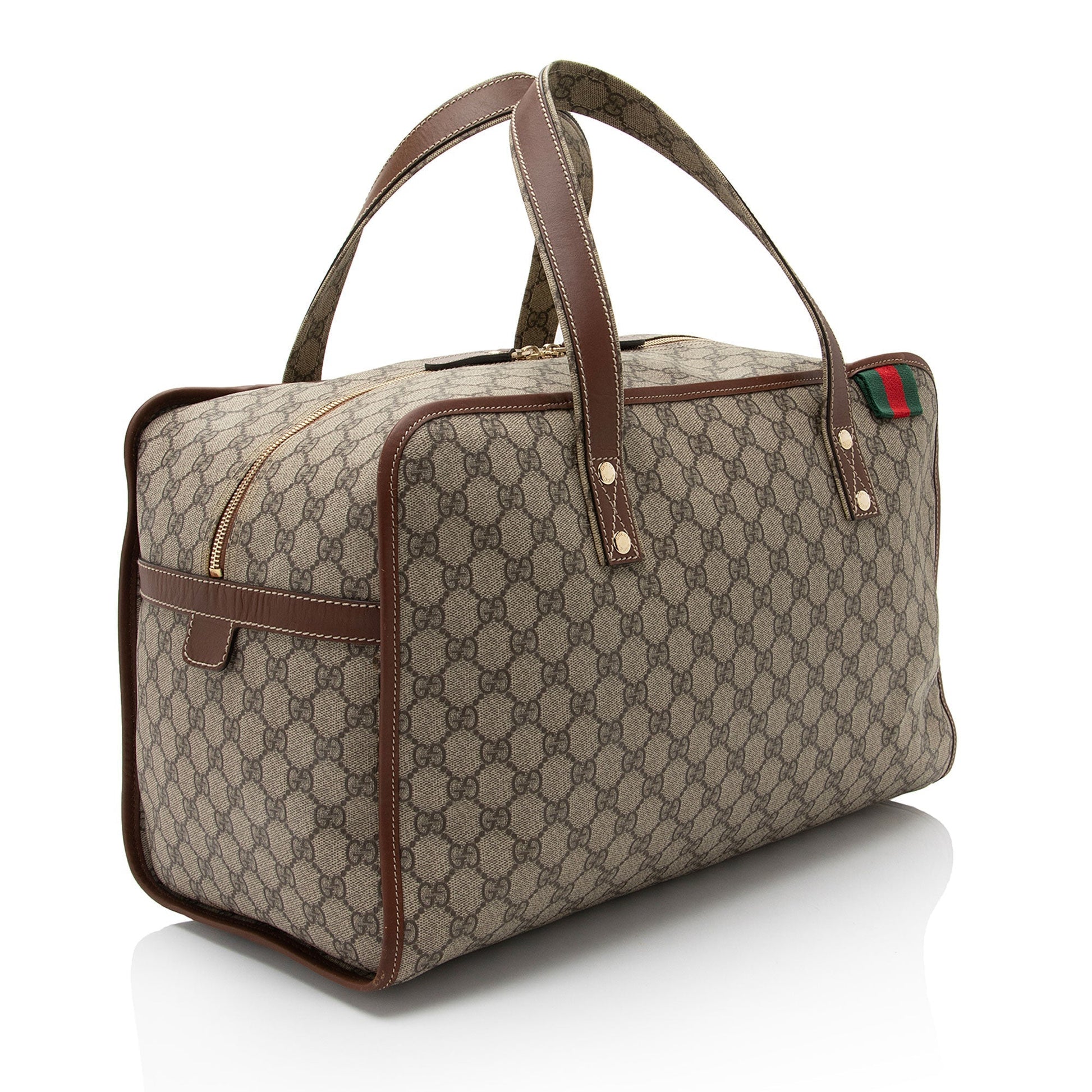 Gucci GG Supreme Web Loop Duffle Leather Canvas Nylon Brown Travel Bag