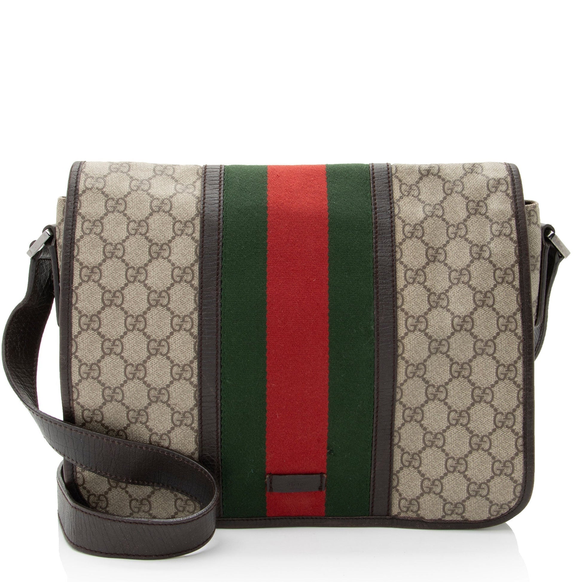 Gucci GG Supreme Web Flap Messenger Leather Canvas Nylon Brown Shoulder Bag Flap Messenger