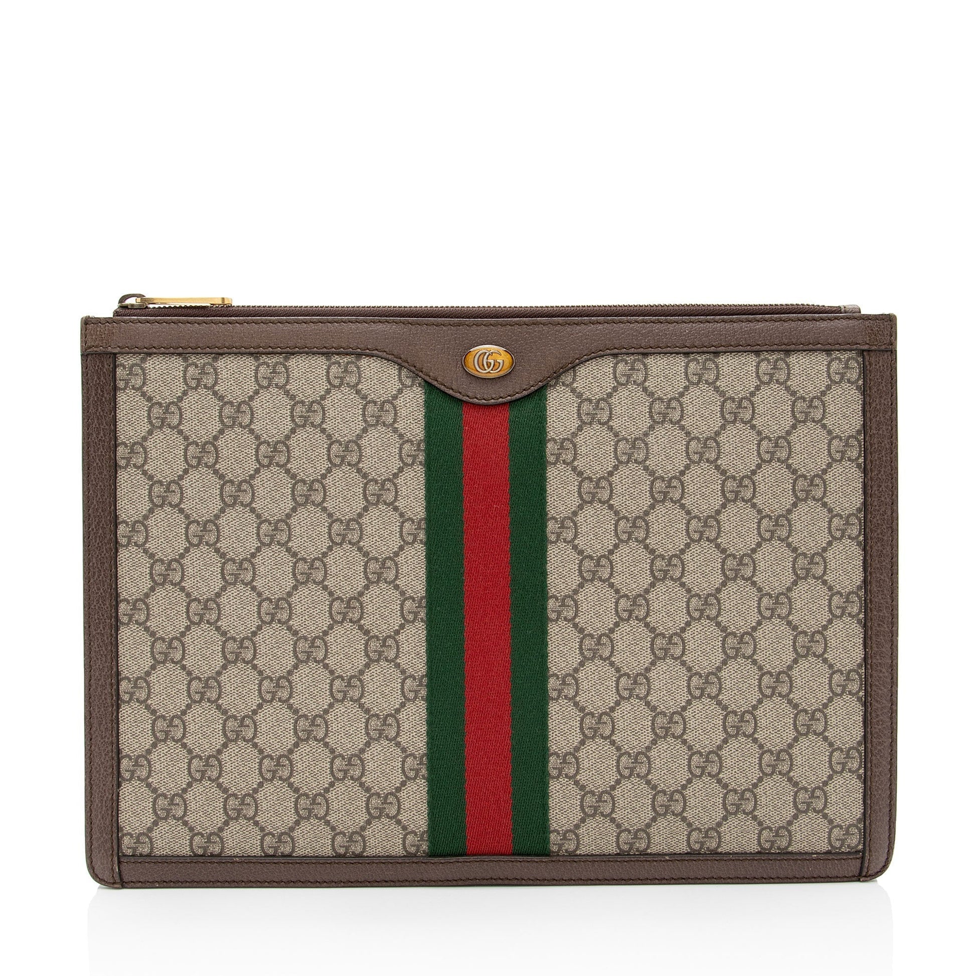 Gucci GG Supreme Web Ophidia Pouch Leather Canvas Nylon Brown Clutch Bag